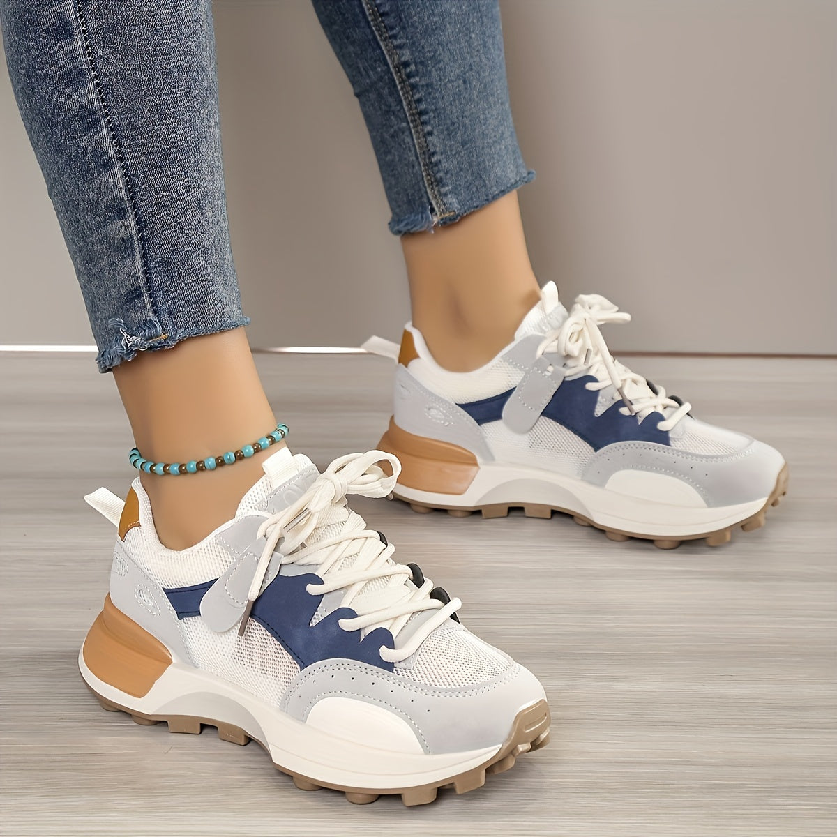 vlovelaw Women's Colorblock Casual Sneakers, Lace Up Low-top Round Toe Non-slip Soft Breathable Trainers, Comfy Versatile Shoes