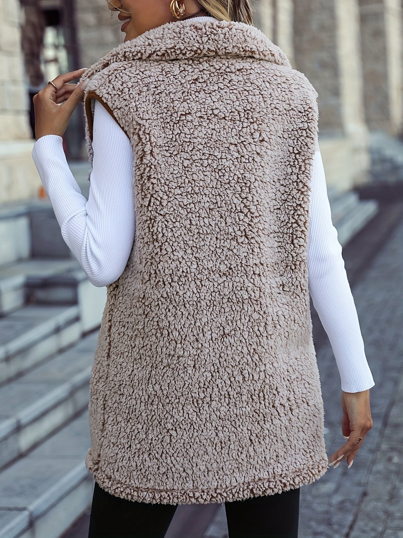 vlovelaw Sleeveless Teddy Vest, Casual Button Front Solid Versatile Vest, Women's Clothing