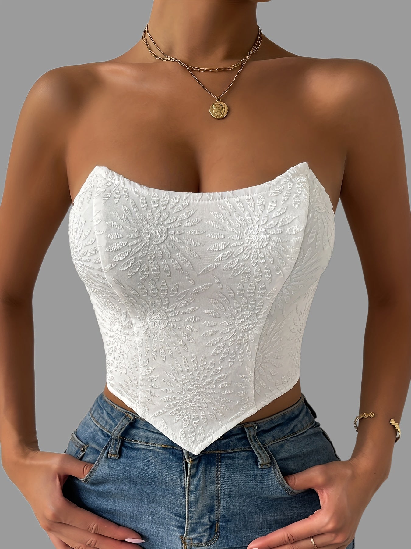 vlovelaw Floral Pattern Solid Tube Top, Casual Off Shoulder Hanky Hem Tube Top, Women's Clothing
