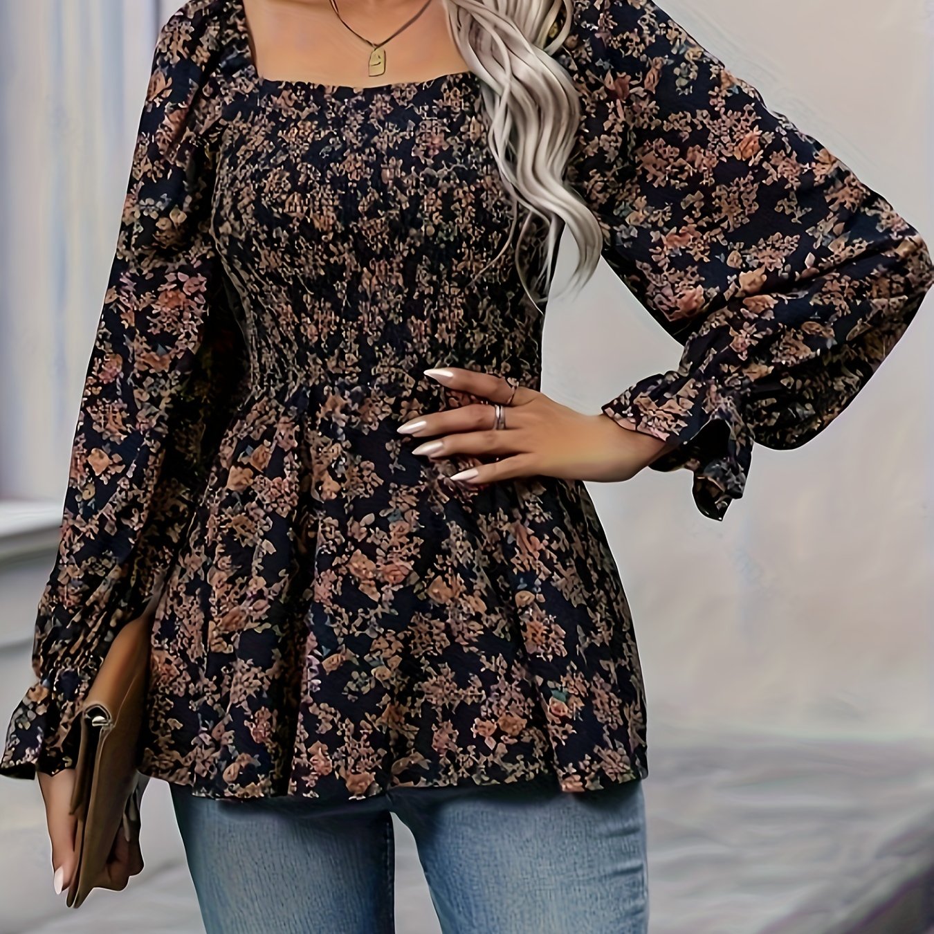 vlovelaw Floral Print Square Neck Flare Blouse, Casual Lantern Sleeve Shirred Blouse For Spring & Fall, Women's Clothing