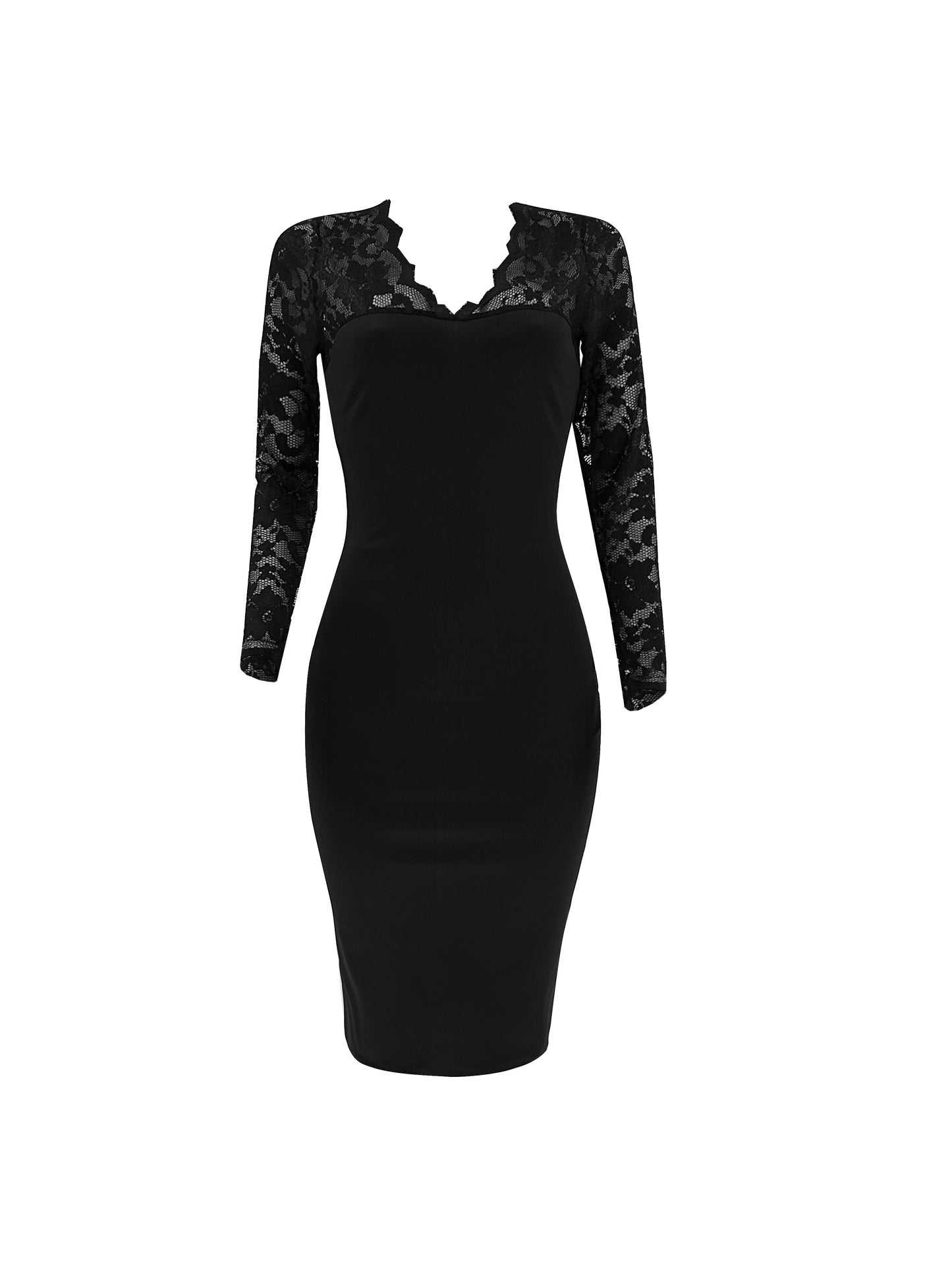 Contrast Lace Long Sleeve Pencil Dress, Elegant V Neck Dress For Spring & Fall, Women's Clothing