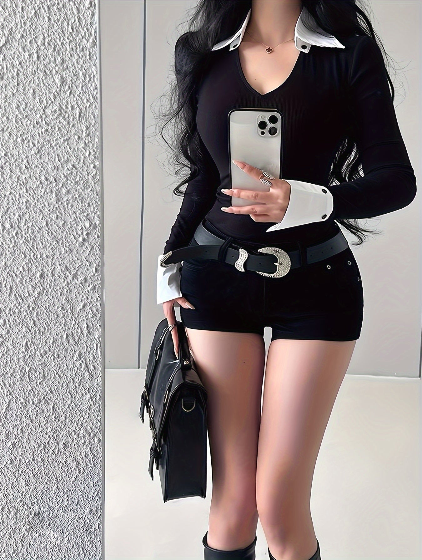 vlovelaw Color Block V Neck Skinny T-Shirt, Stylish Long Sleeve Splicing T-Shirt For Spring & Fall, Women's Clothing