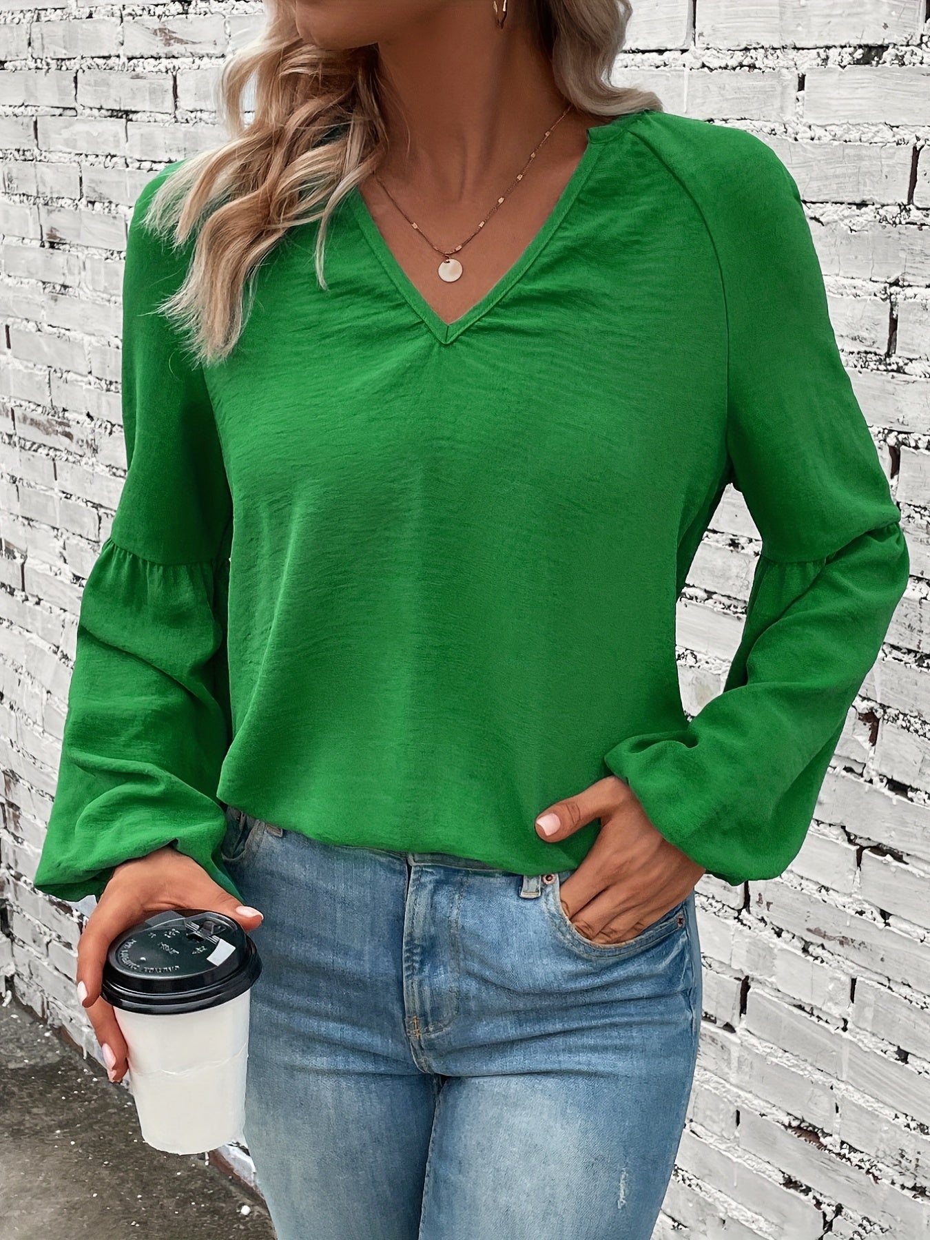 Solid Simple Blouse, Casual V Neck Lantern Long Sleeve Blouse, Women's Clothing