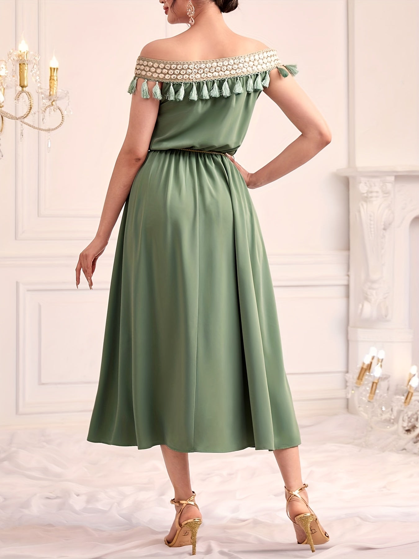 vlovelaw Off Shoulder Tassel Dress, Elegant Solid Ruched Midi Dress, Women's Clothing