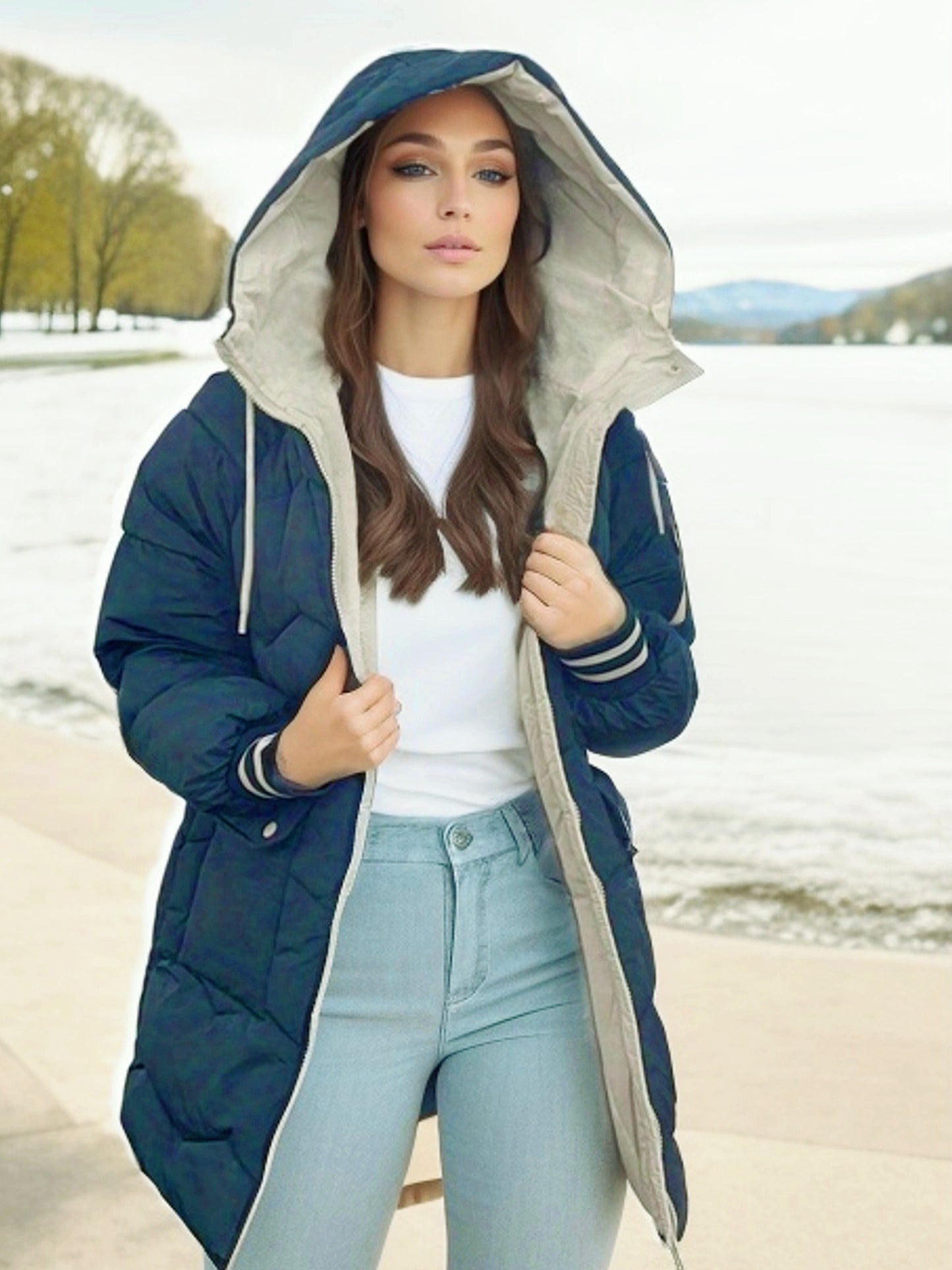 vlovelaw Zip Up Color Block Hooded Coat, Casual Long Sleeve Winter Warm Outerwear, Women's Clothing