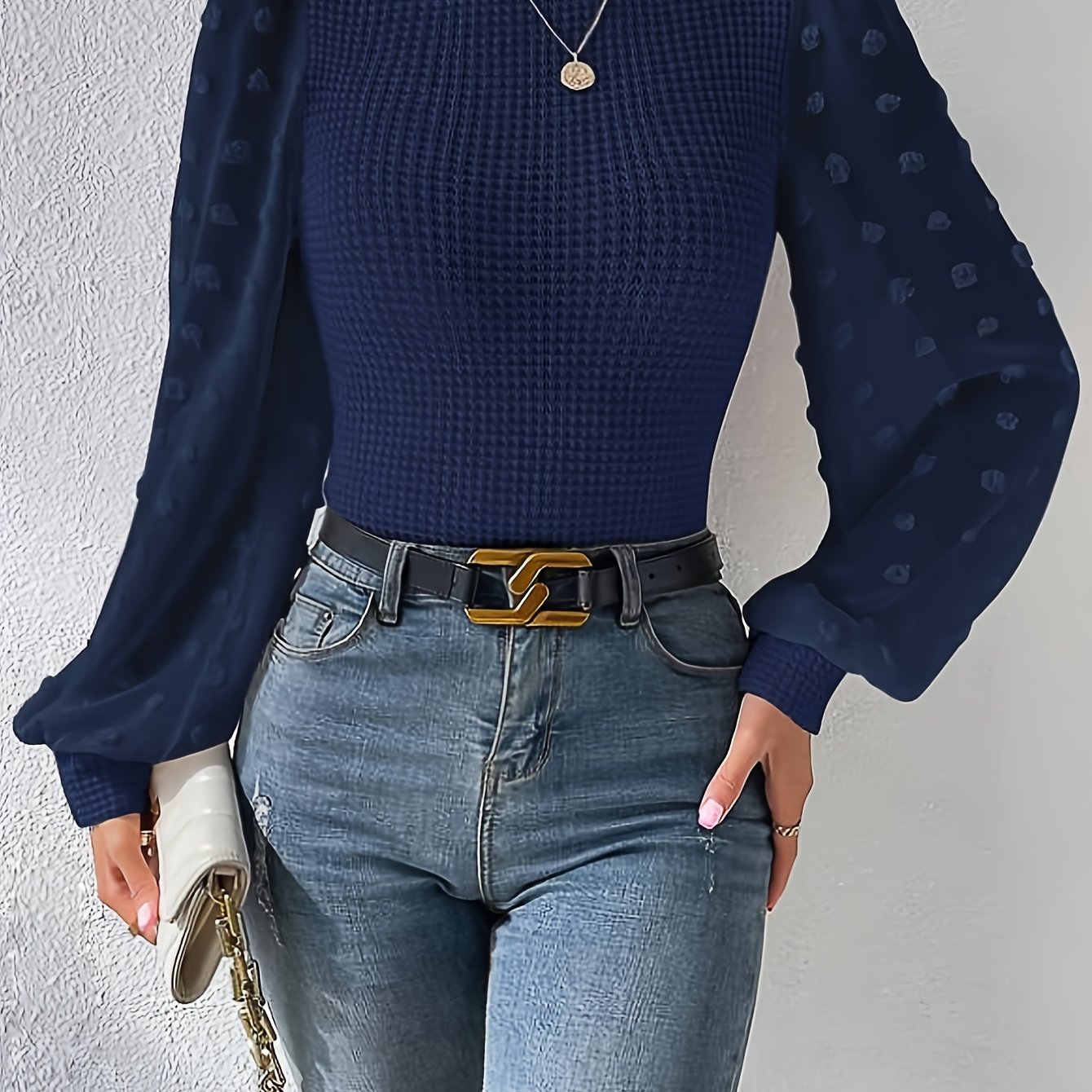 vlovelaw Textured Lantern Sleeve Top, Elegant Mock Neck Top For Spring & Fall, Women's Clothing