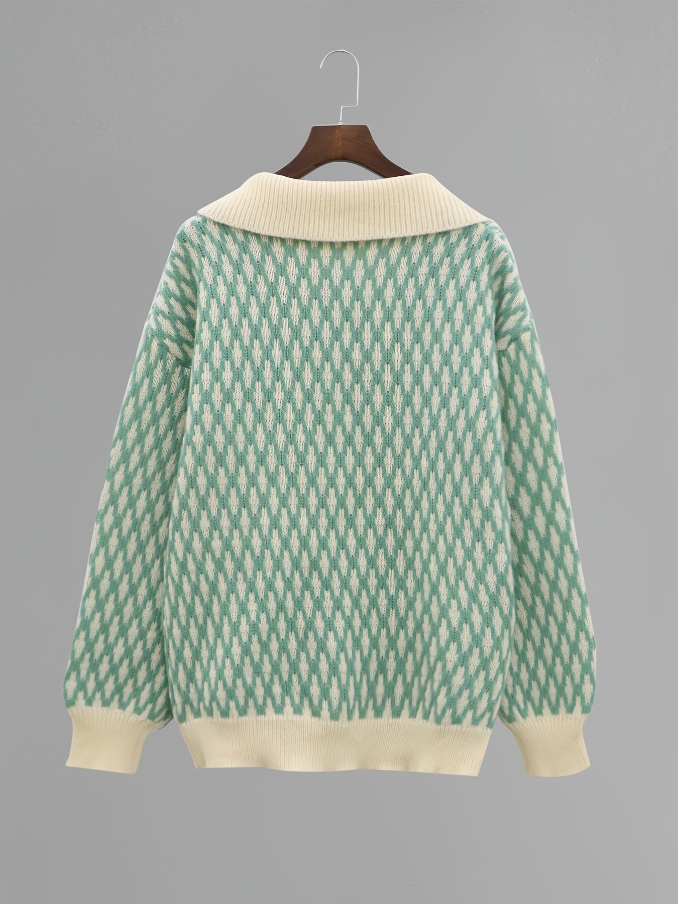 Allover Pattern Flat Collar Pullover Sweater, Casual Long Sleeve Sweater, Women's Clothing
