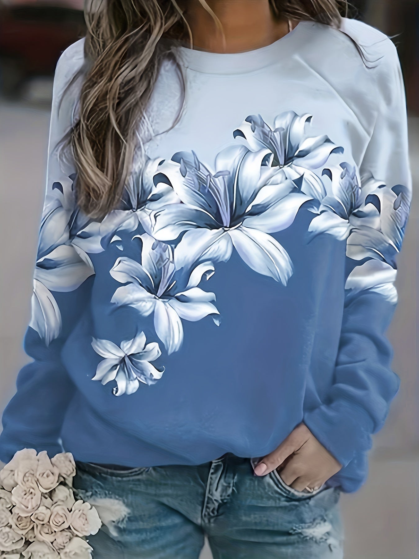 vlovelaw Plus Size Casual Sweatshirt, Women's Plus Floral Print Long Sleeve Round Neck Medium Stretch Sweatshirt