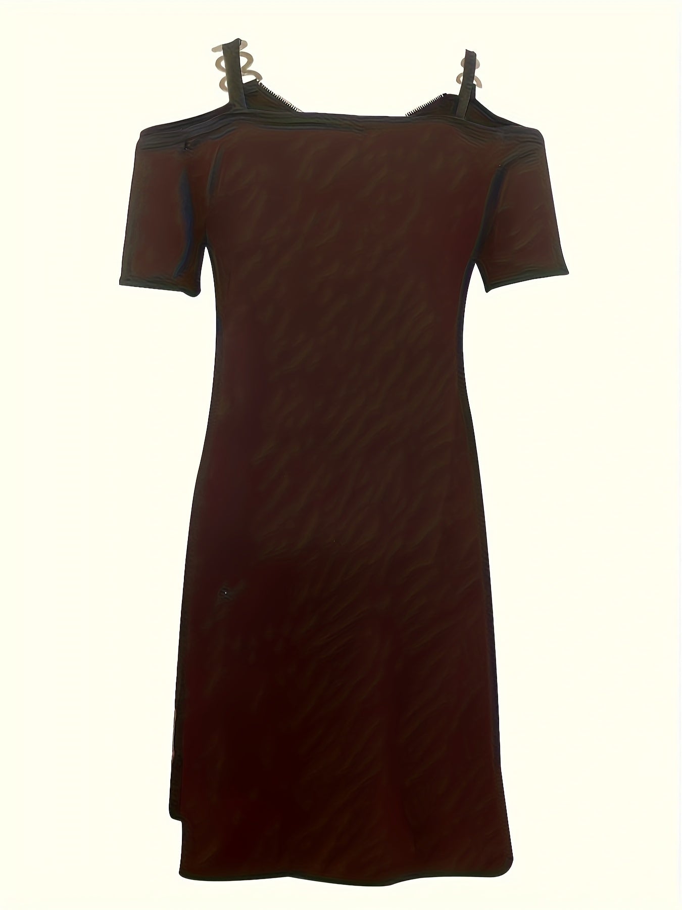 vlovelaw Plus Size basic Dress, Women's Plus Solid Chain Decor Cold Shoulder Short Sleeve Zipper V Neck Dress