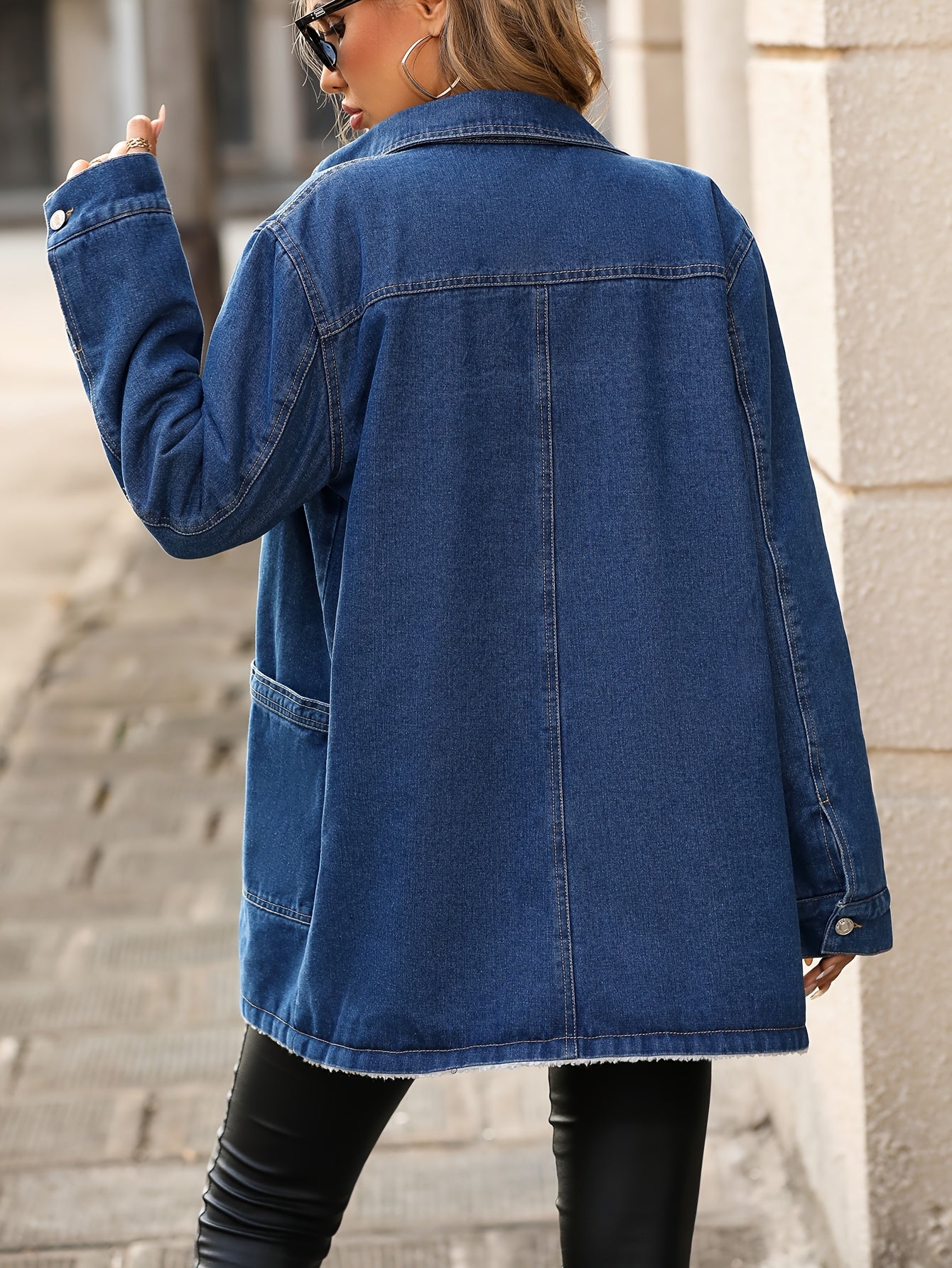vlovelaw Fleece Liner Lapel Denim Jacket, Long Sleeves Flap Pockets Keep Warm Long Denim Coat, Women's Denim Clothing