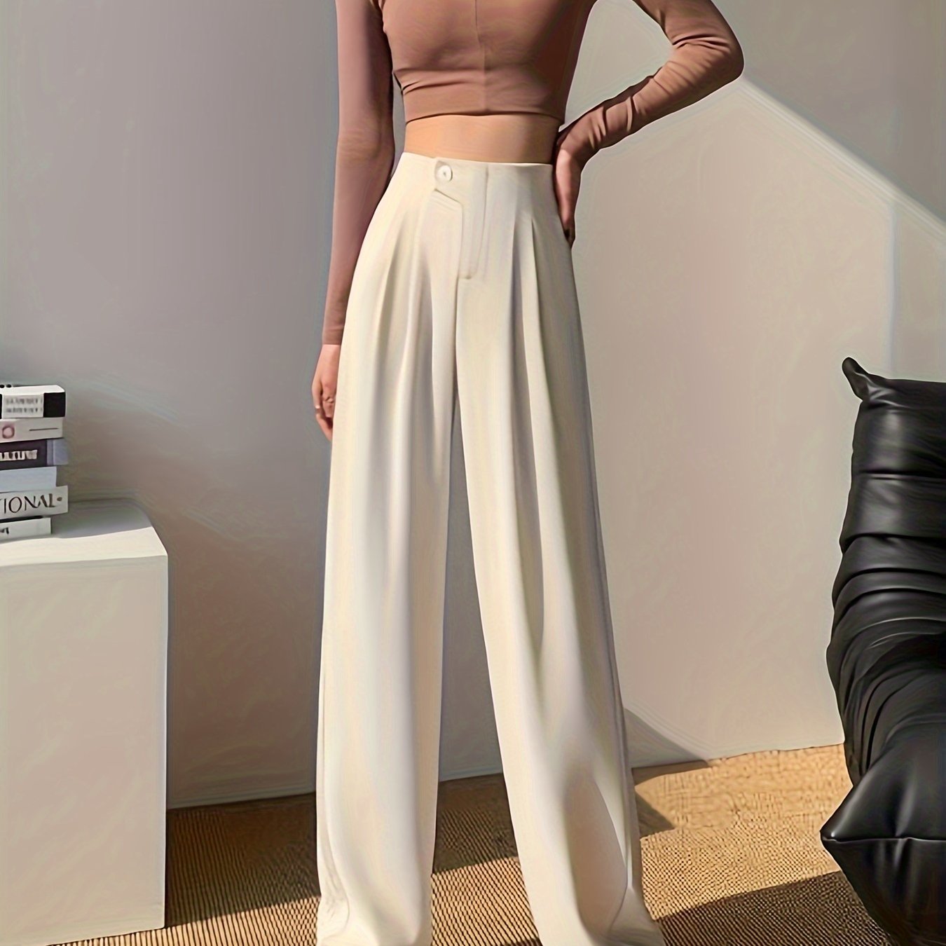 vlovelaw Solid High Waist Pants, Casual Wide Leg Button Pants, Women's Clothing