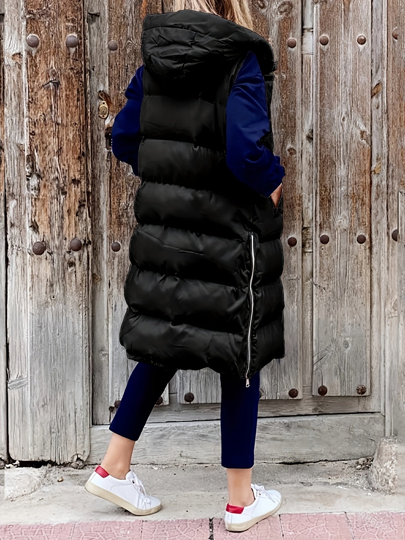 vlovelaw Solid Zip Up Pockets Cotton-padded Coat, Casual Sleeveless Warm Jacket Coat, Women's Clothing