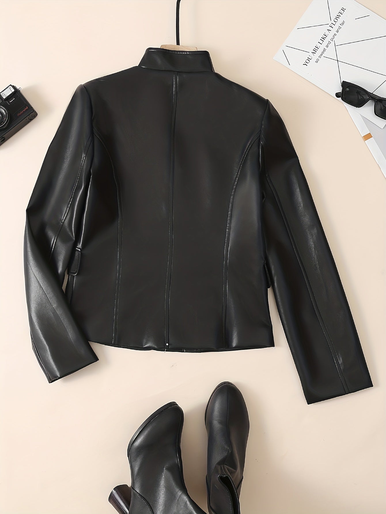 vlovelaw Solid Button Front Jacket, Elegant Long Sleeve Pu Leather Outwear, Women's Clothing