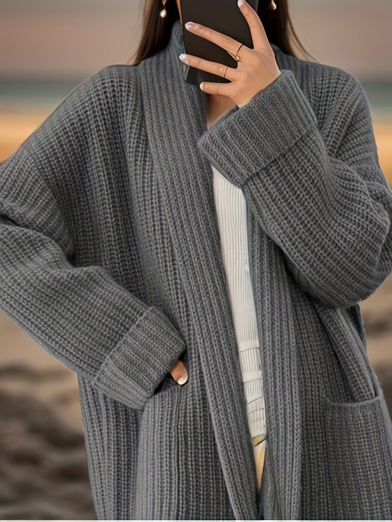 vlovelaw Solid Open Front Knit Cardigan, Casual Long Sleeve Oversized Sweater Coat With Pocket, Women's Clothing