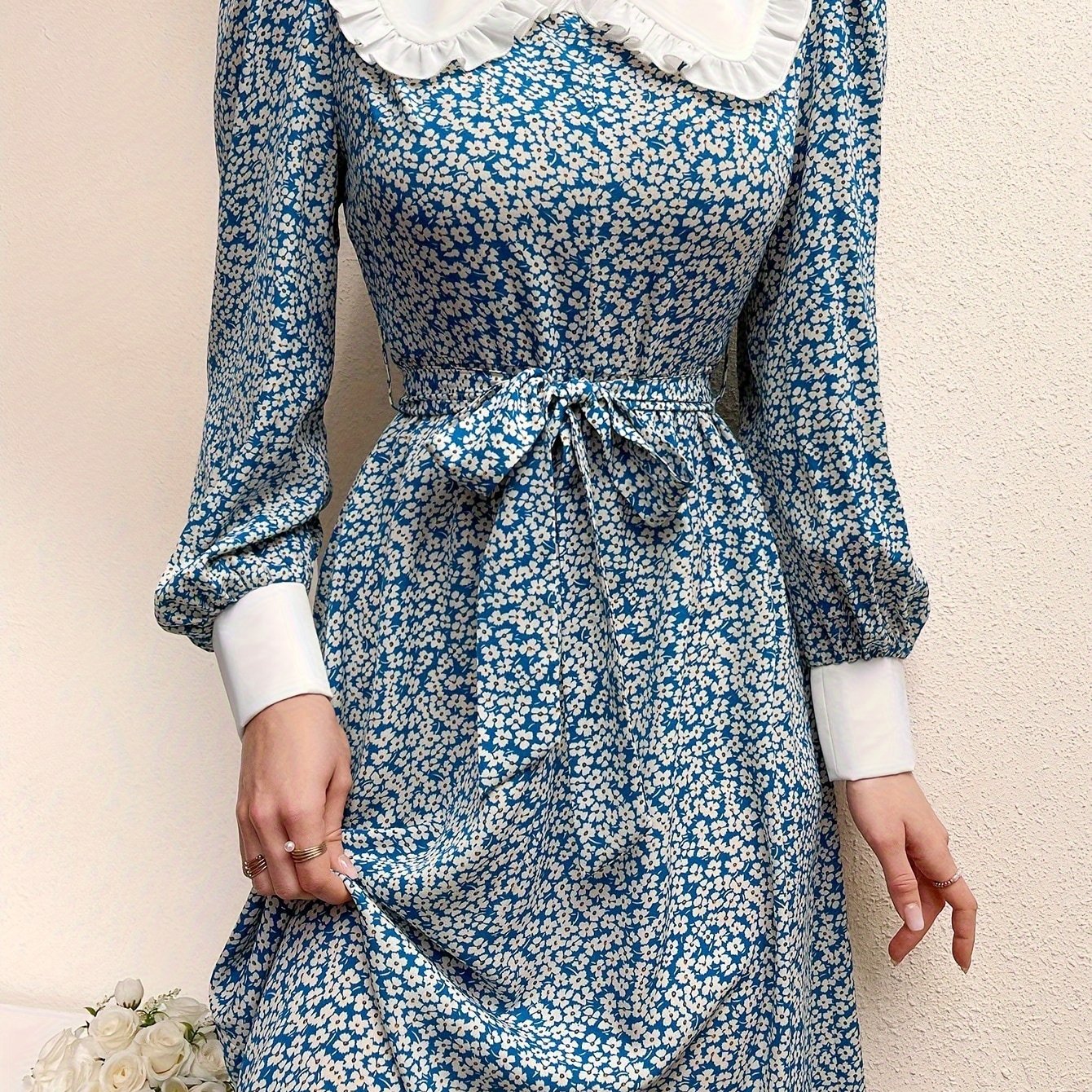vlovelaw Floral Print Belted Dress, Elegant Long Sleeve Dress For Spring & Fall, Women's Clothing