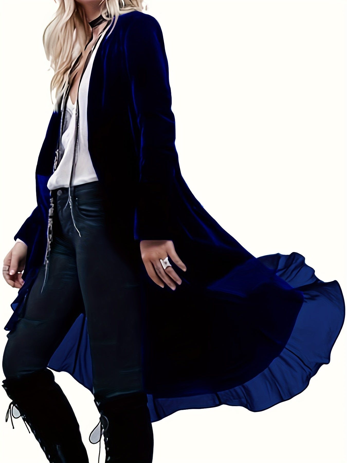 vlovelaw Plus Size Elegant Cardigan, Women's Plus Solid Velvet Long Sleeve Open Front Ruffle Trim Longline Cardigan