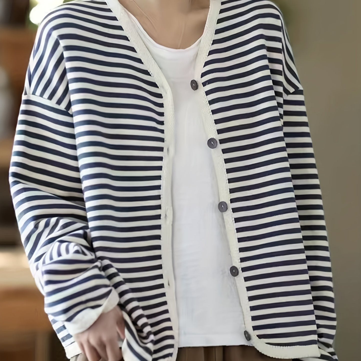 vlovelaw Striped Print Button Front Jacket, Casual V Neck Long Sleeve Outerwear For Spring & Summer, Women's Clothing