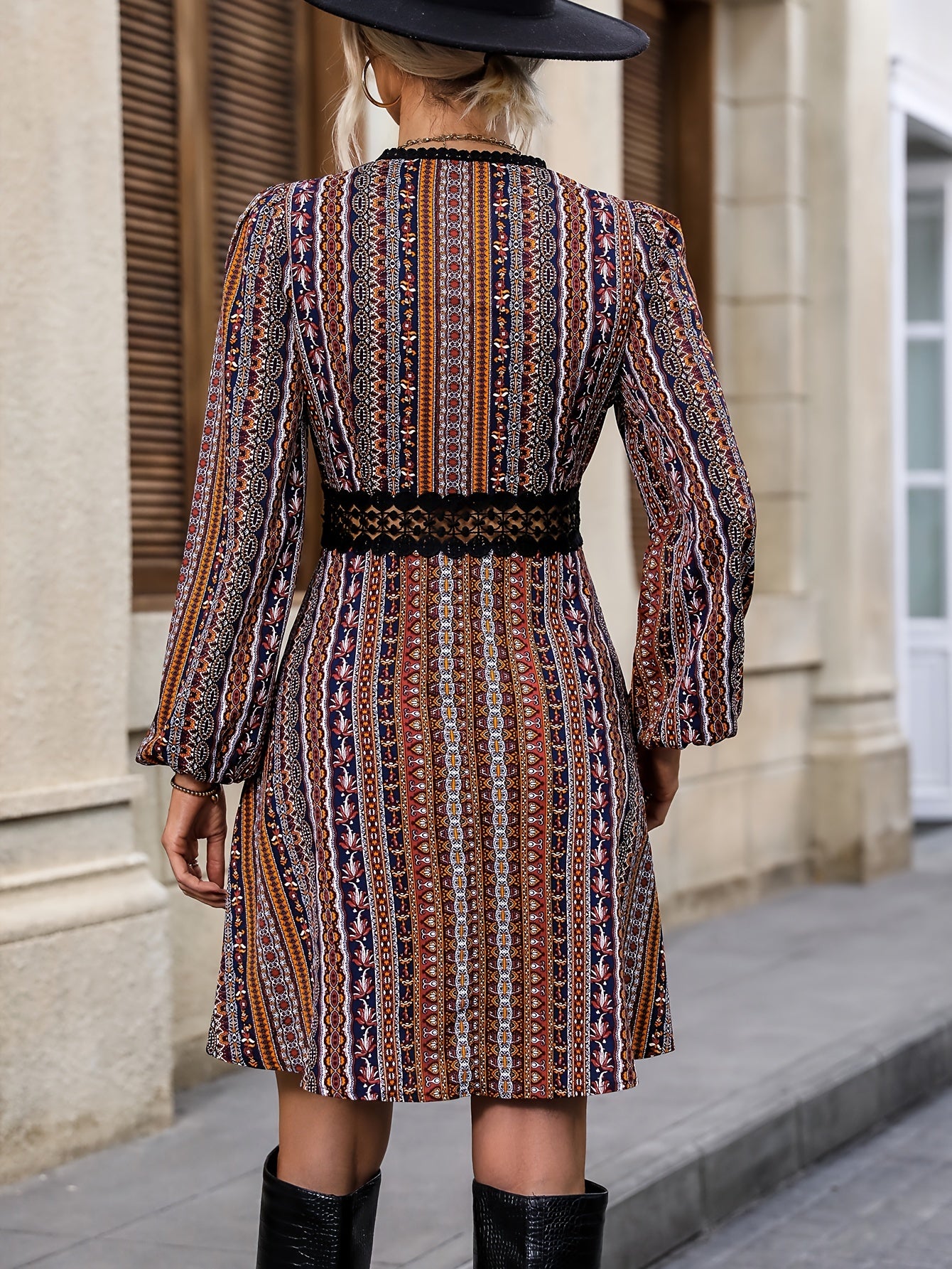 vlovelaw Contrast Lace Striped Dress, Elegant V Neck Long Sleeve Dress, Women's Clothing