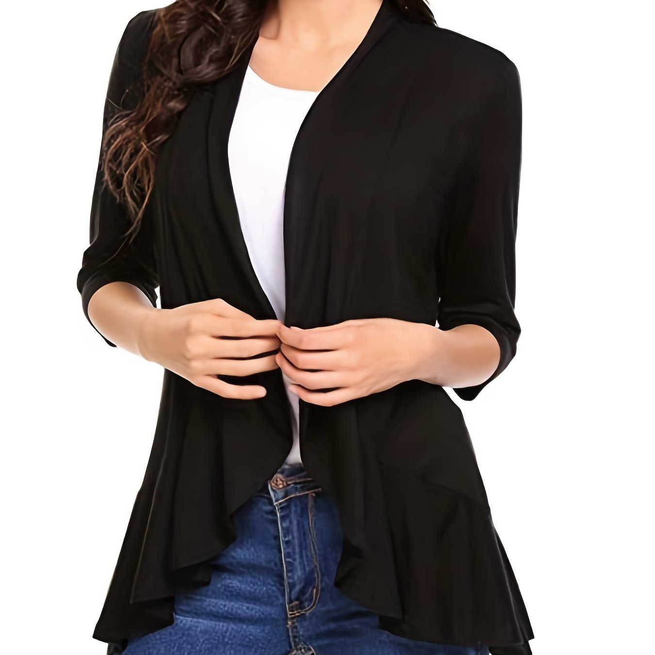 vlovelaw V-neck Loose Pleated Cardigans, Casual Frill Solid 3/4 Sleeve Spring Summer Fall Cardigan, Women's Clothing