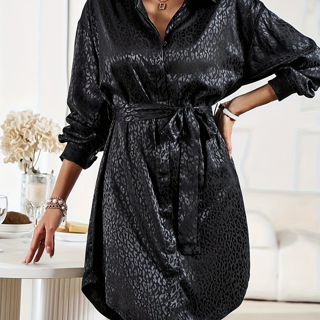 Leopard Pattern Polo Collar Belted Dress, Casual Button Front Long Sleeve Dress, Women's Clothing