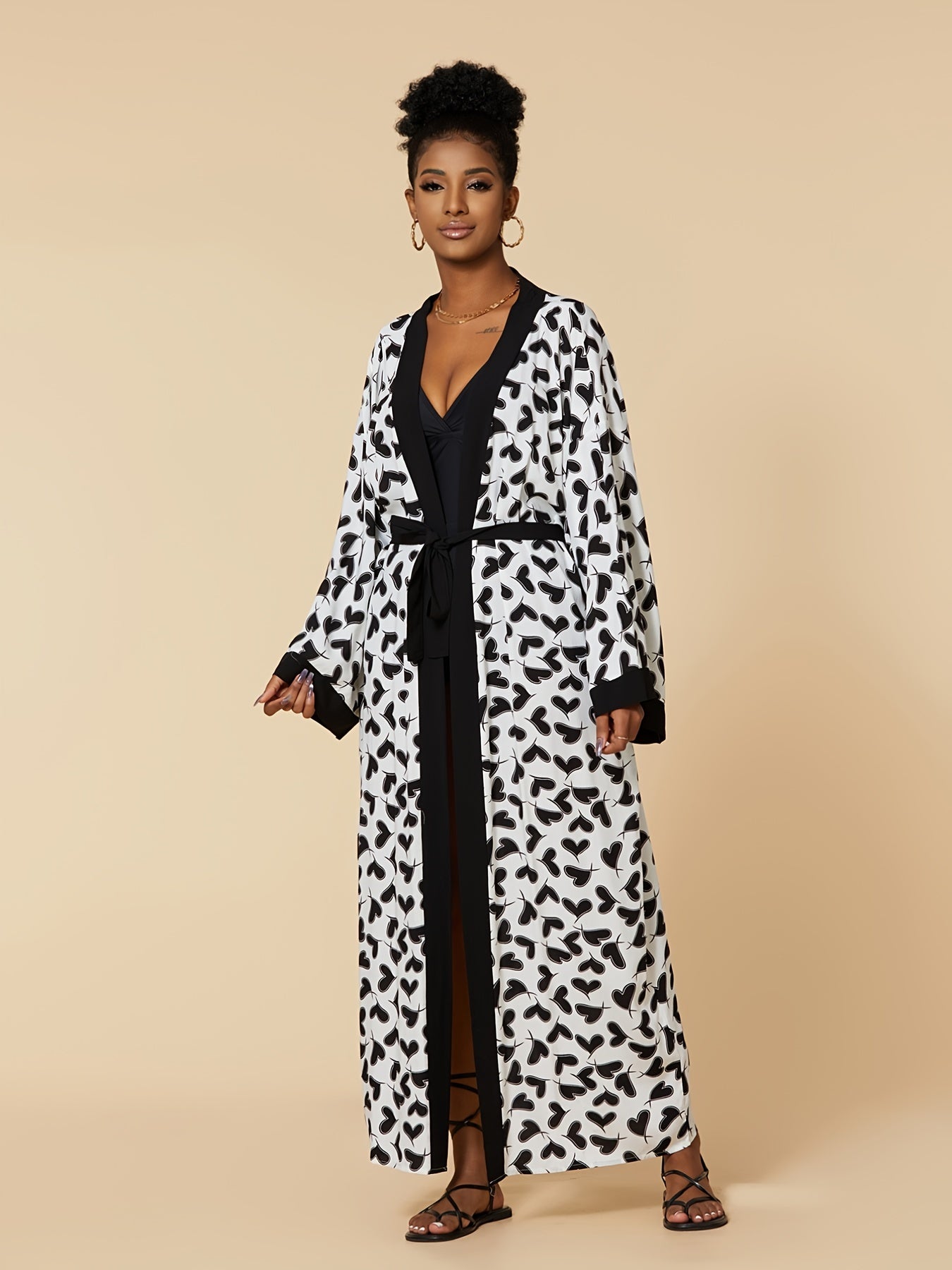 vlovelaw Heart Print Beach Wear Tunics, Boho Open Front Long Sleeve Summer Long Length Tunics, Women's Clothing