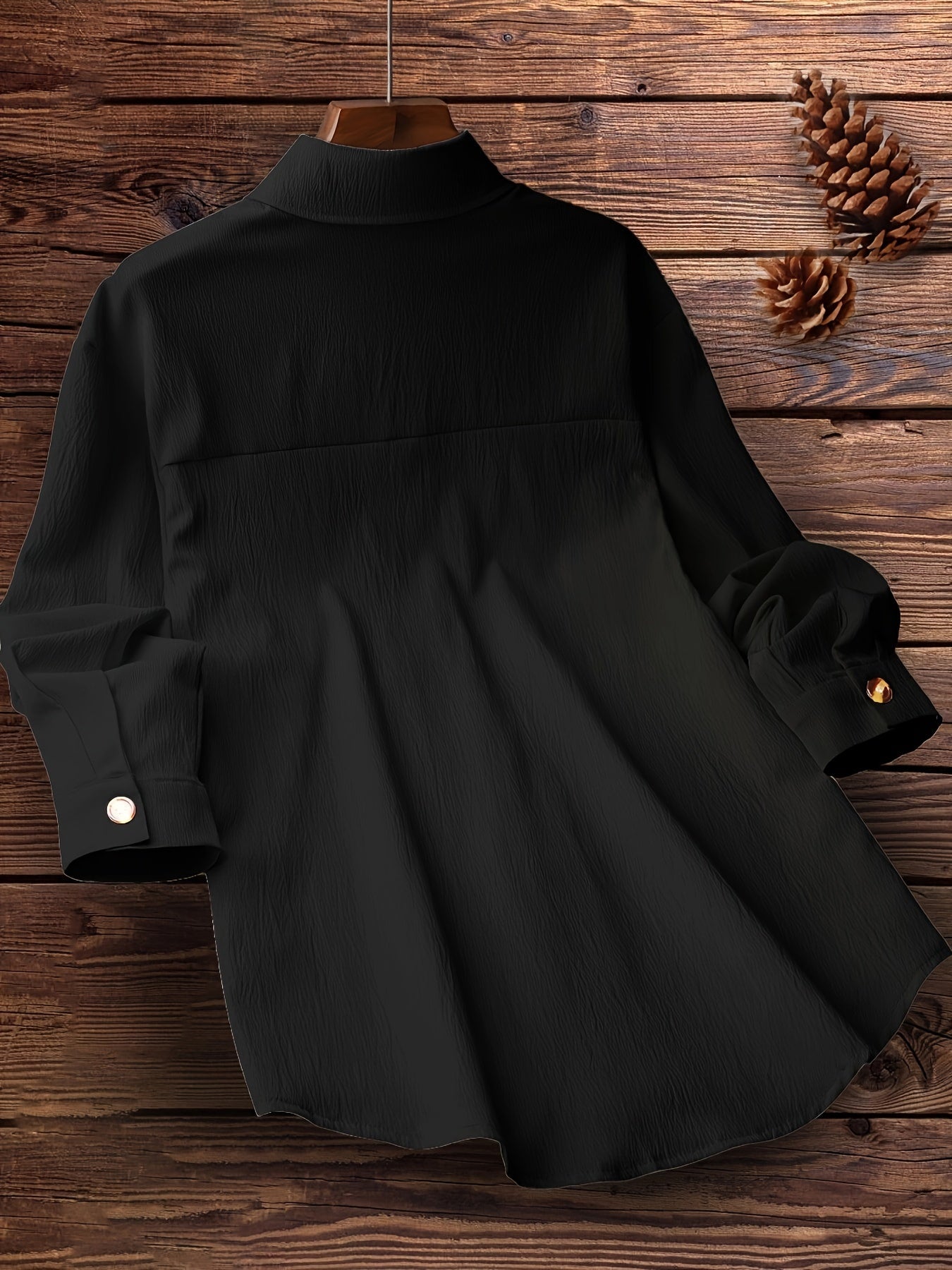 Solid Polo Collar Button Shirt, Casual Long Sleeve Shirt For Spring & Fall, Women's Clothing