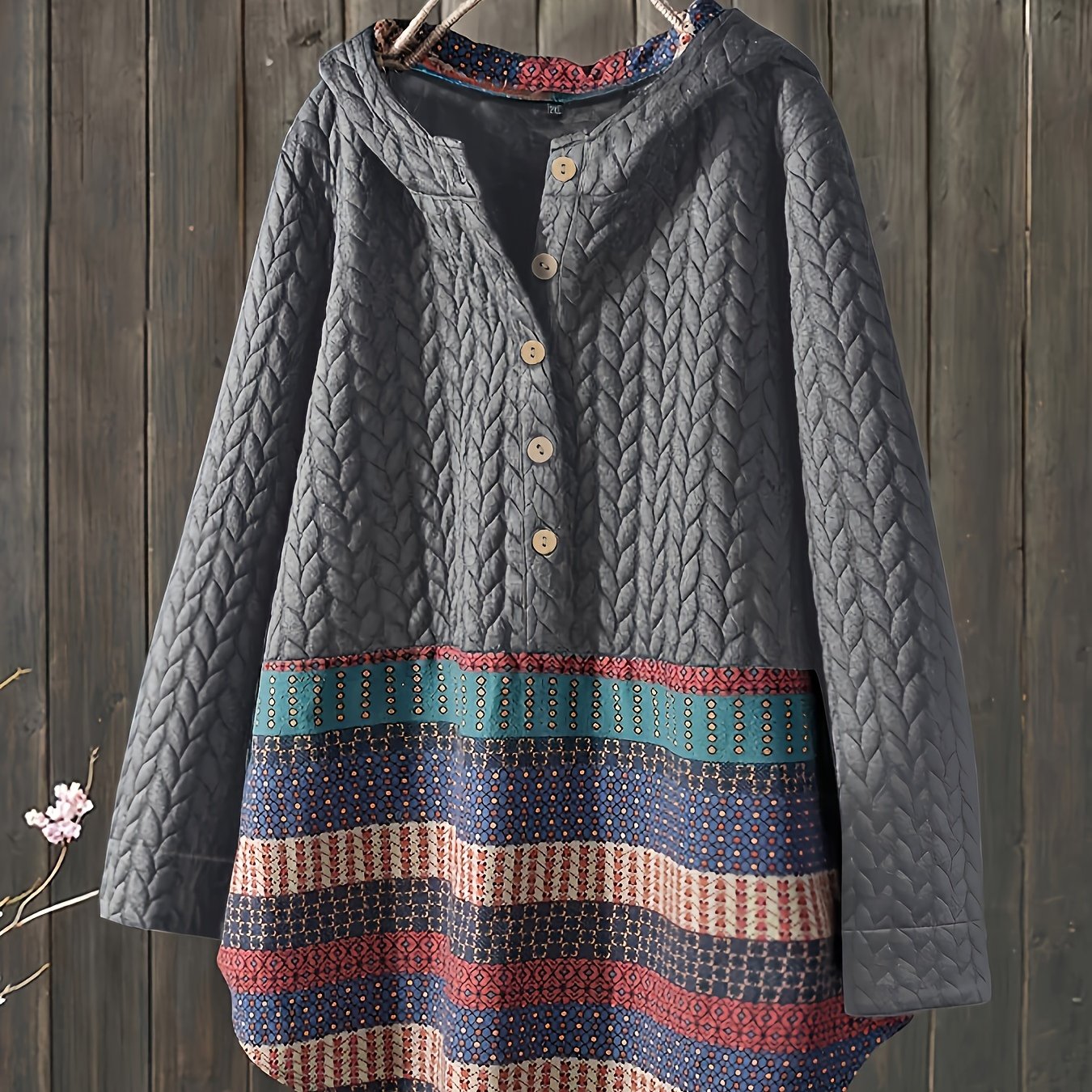 vlovelaw Tribal Print Long Sleeve Hooded Padded Jacket, Casual Button Front Loose Hem Outerwear, Women's Clothing