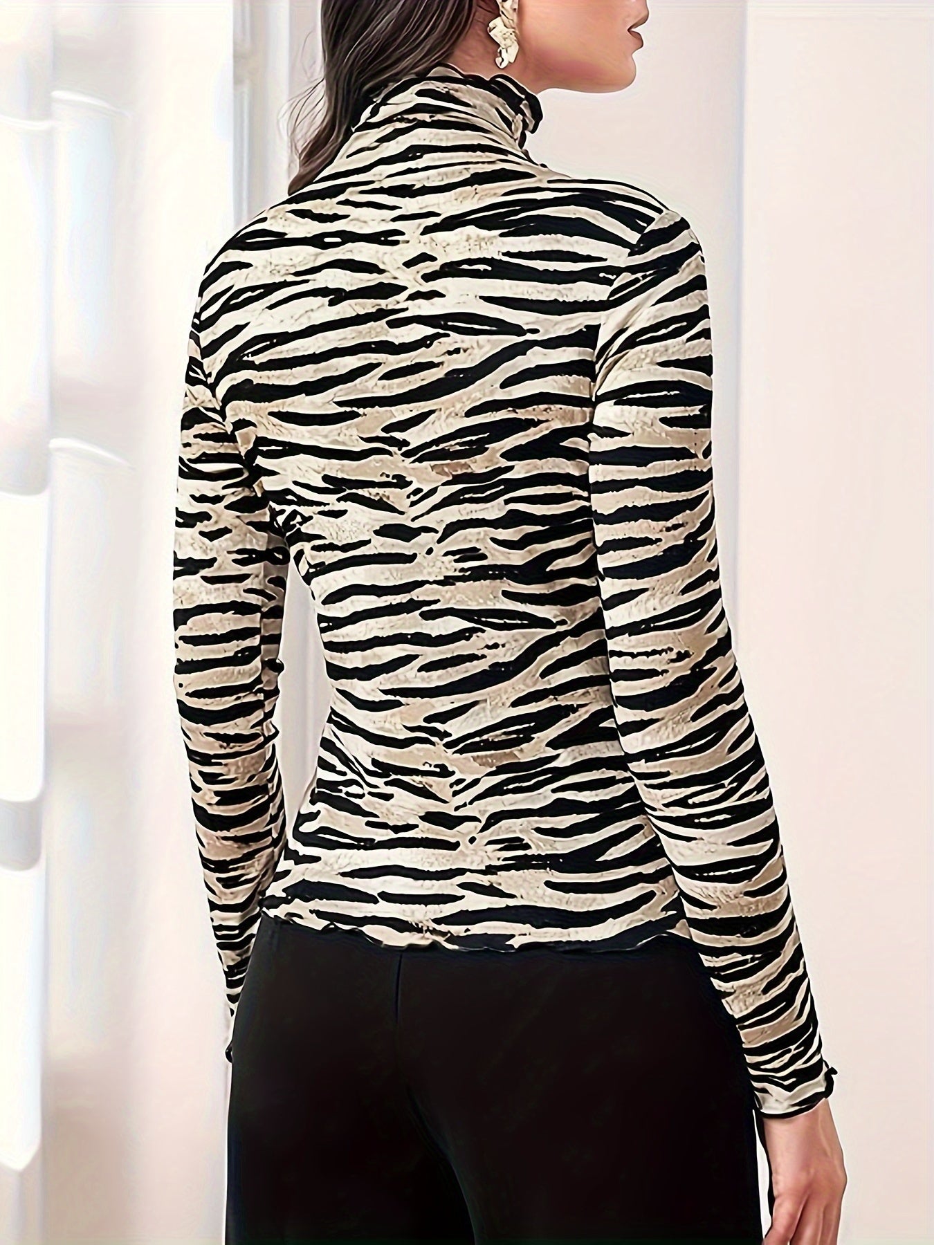 vlovelaw All Over Print Mock Neck T-Shirt, Casual Long Sleeve Top For Spring & Fall, Women's Clothing