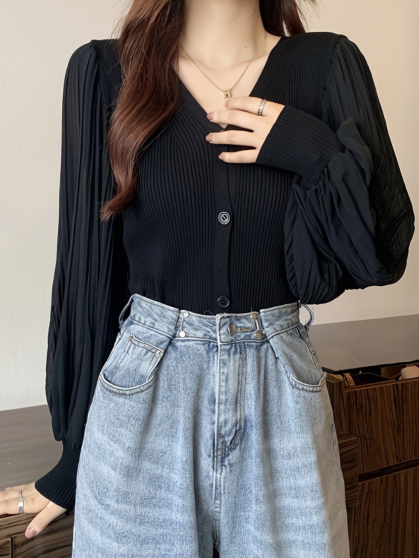 vlovelaw Solid Color Button Front Top, V Neck Slim Long Sleeve Cardigans Top For Spring & Fall, Women's Clothing