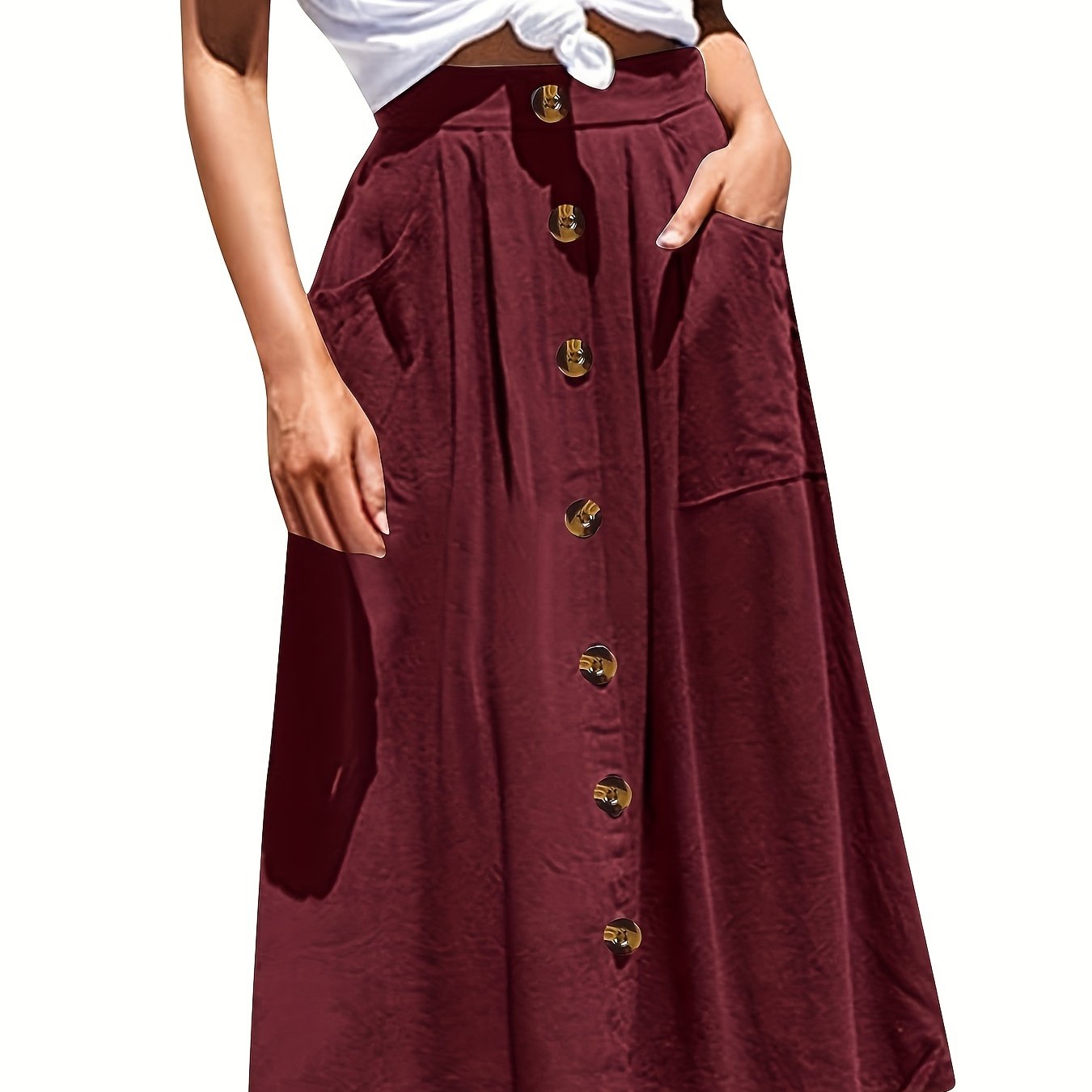 Plus Size Elegant Skirt, Women's Plus Solid Button Decor Slight Stretch Pleated Maxi Skirt With Pockets