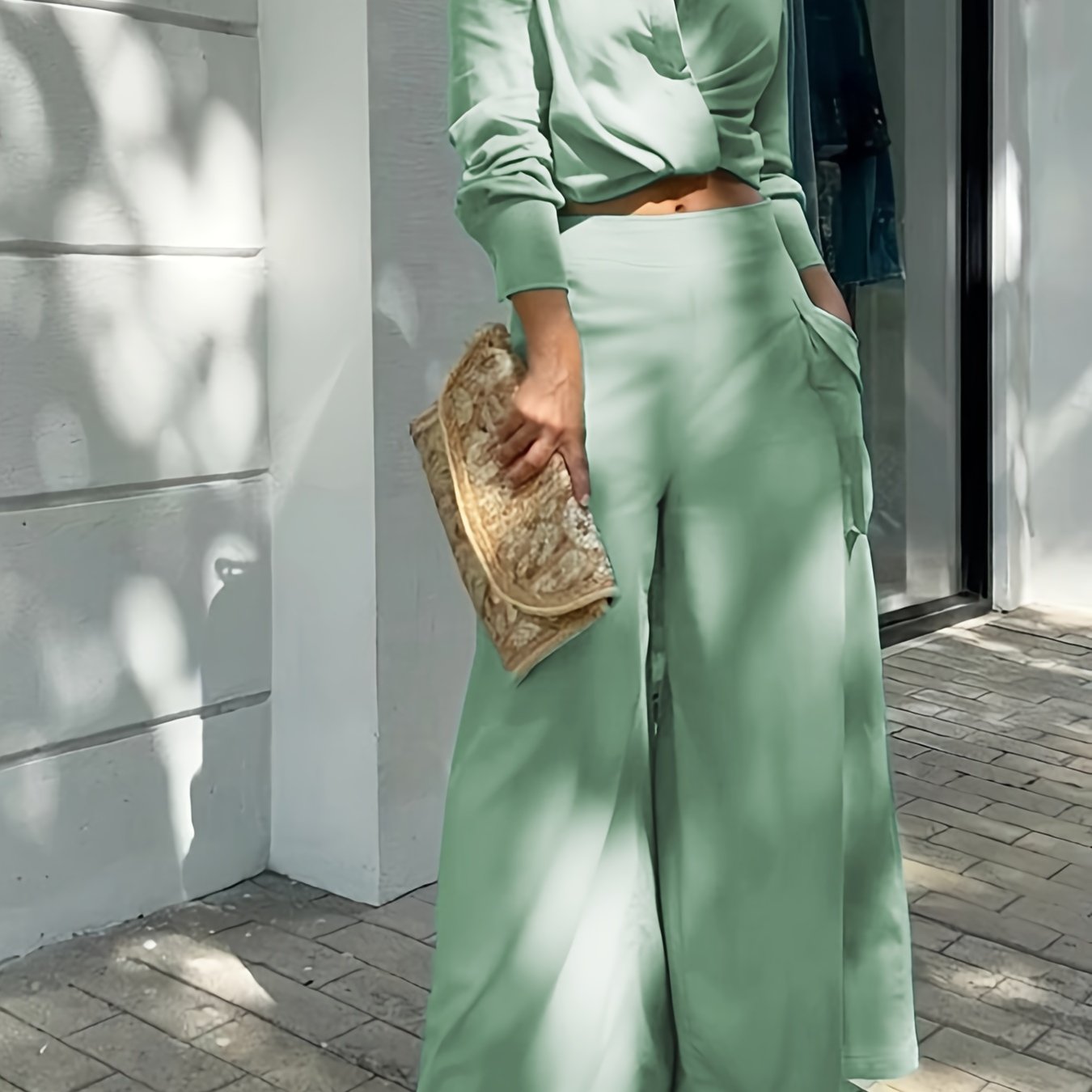 vlovelaw Casual Matching Two-piece Set, Long Sleeve Blouse & Wide Leg Pants Outfits, Women's Clothing