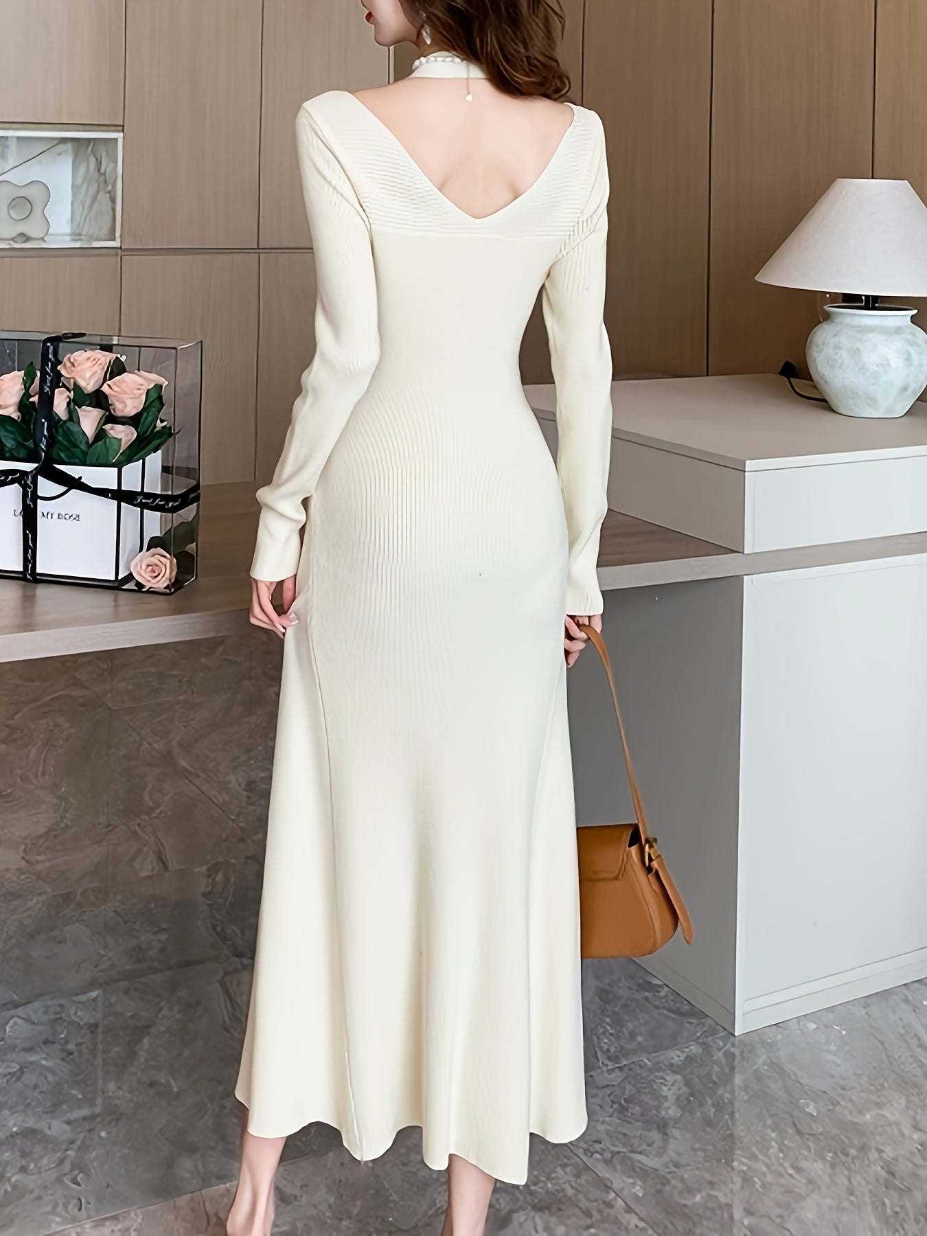 vlovelaw Bodycon Halter Neck Dress, Elegant Long Sleeve Dress For Party & Banquet, Women's Clothing