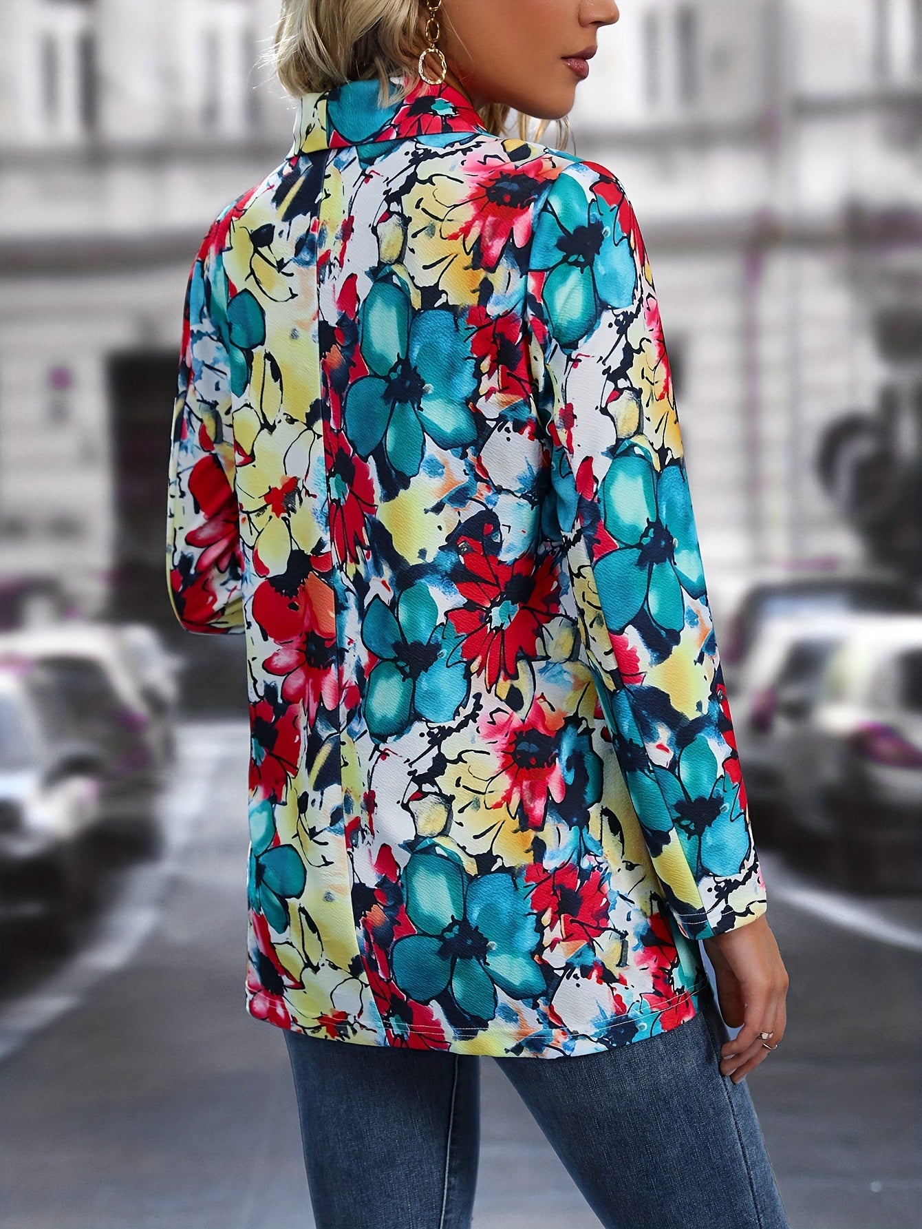 Floral Print Open Front Blazer, Casual Lapel Long Sleeve Blazer For Office & Work, Women's Clothing