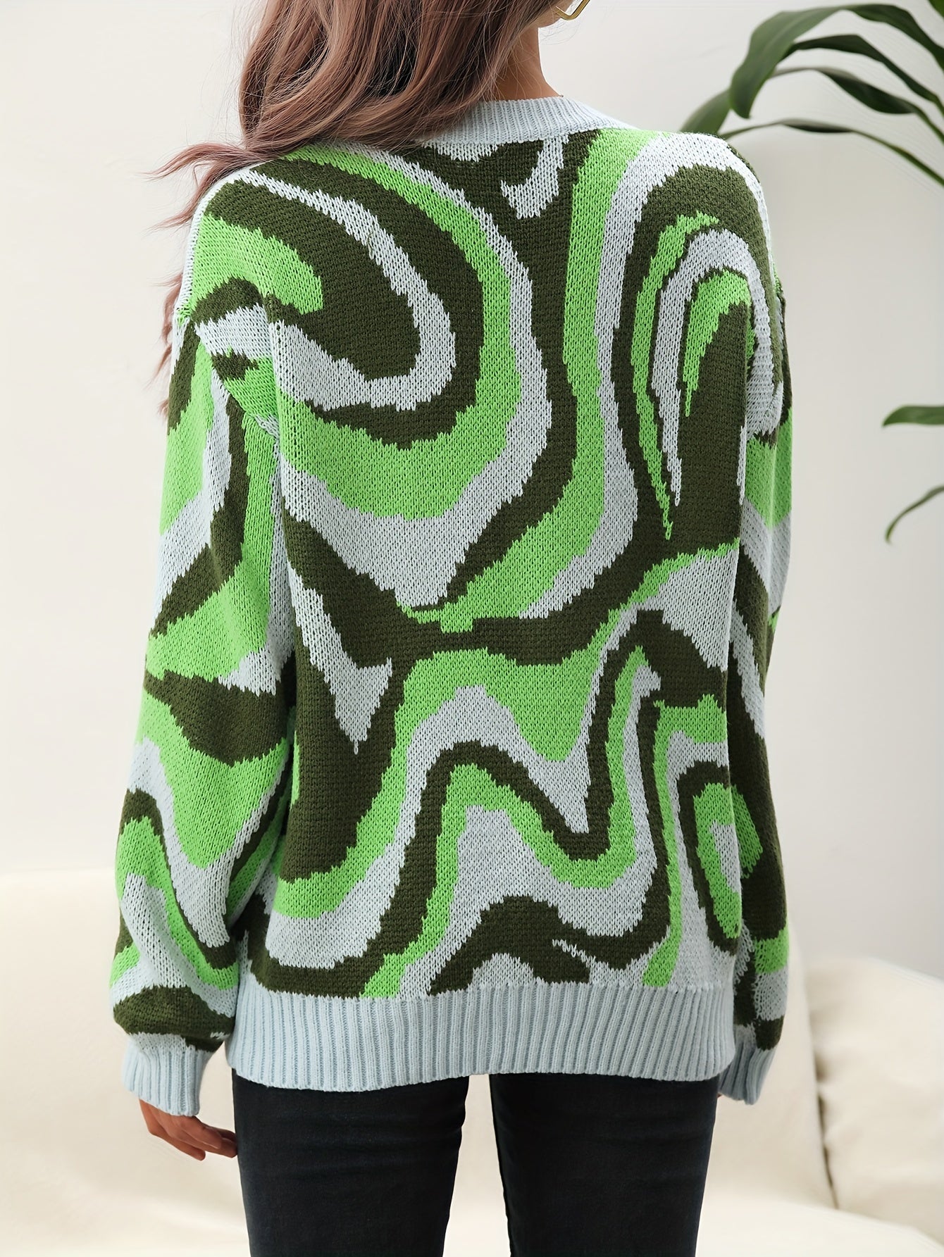 vlovelaw Tie Dye Crew Neck Knitted Pullover Sweater, Casual Long Sleeve Sweater For Fall & Winter, Women's Clothing