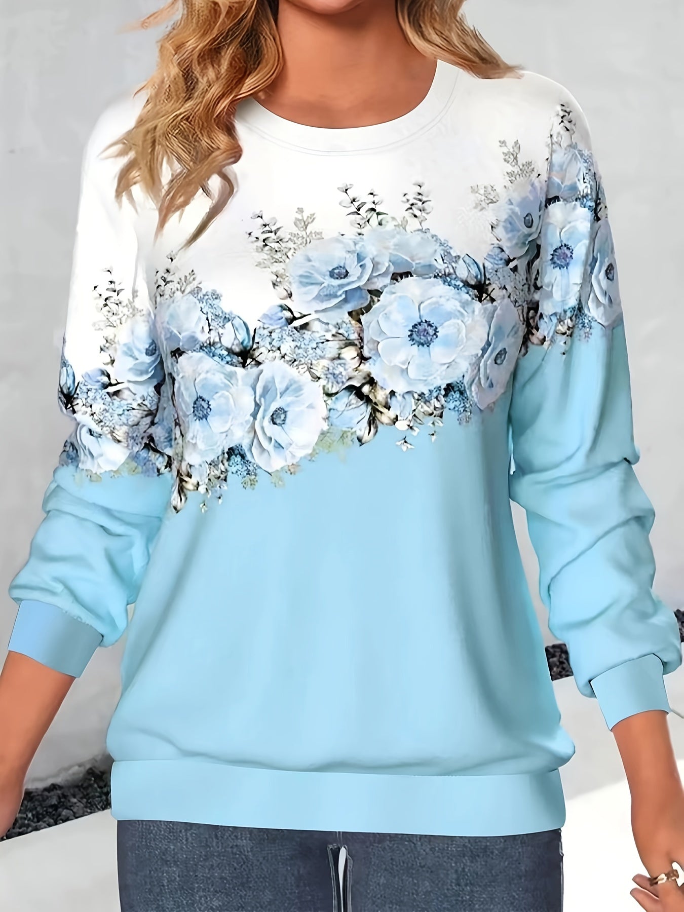 vlovelaw Crew Neck Flowers Print Sweatshirt, Casual Sports Running Long Sleeve Tops, Women's Clothing