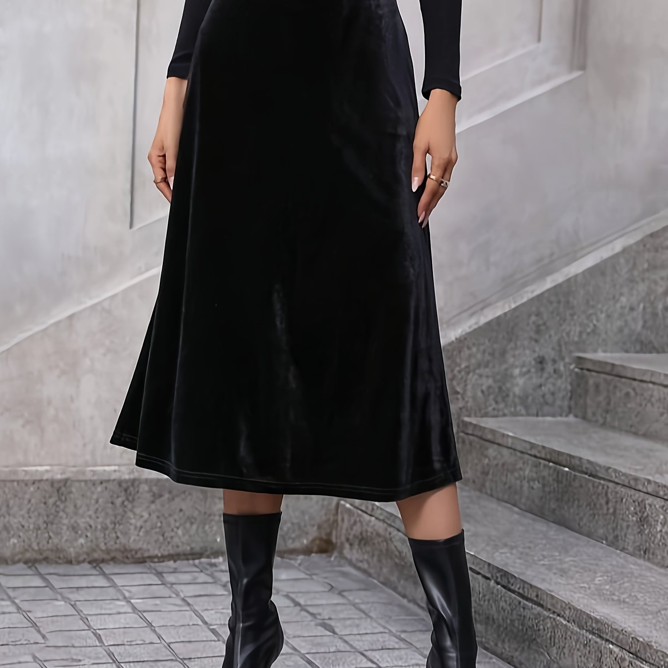 vlovelaw  Solid High Waist Velvet Skirt, Elegant A Line Midi Skirt, Women's Clothing