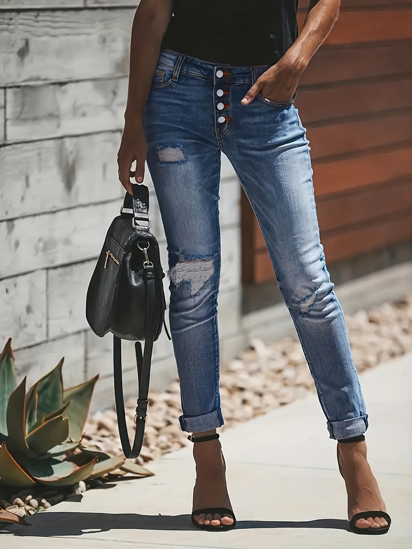 Blue Ripped Holes Denim Jeans, Slim Fit Single-Breasted Button High-Stretch Casual Denim Pants, Women's Denim Jeans & Clothing