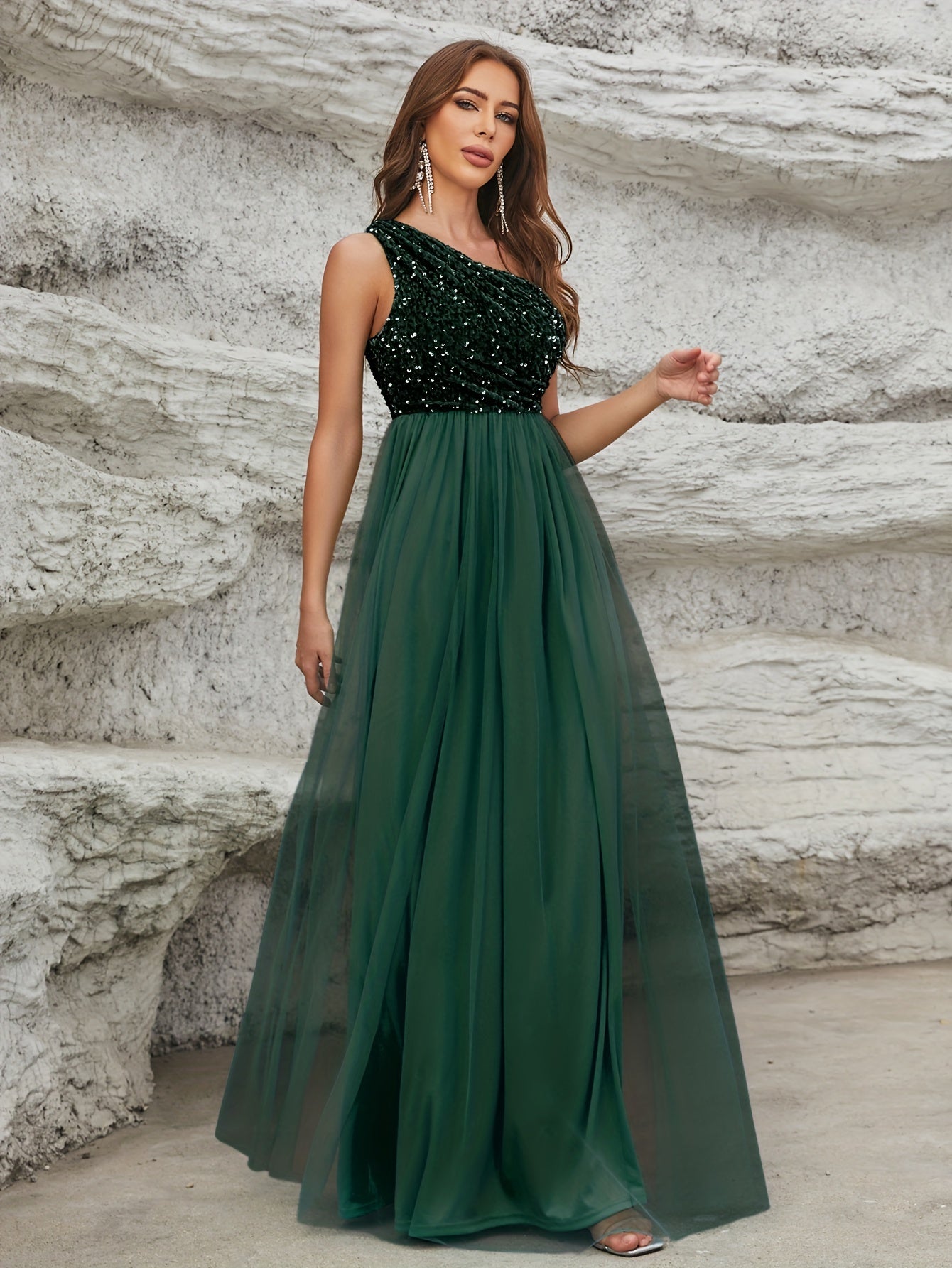 vlovelaw One Shoulder Sequin Dress, Elegant Sleeveless Dress For Party & Banquet, Women's Clothing