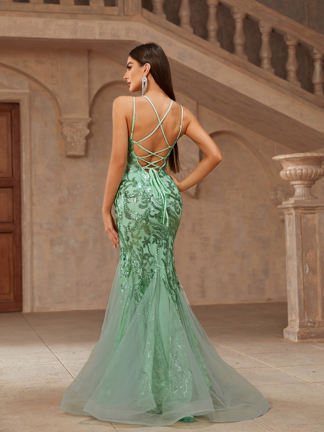 vlovelaw Sequin Spaghetti Strap Dress, Elegant Backless Flared Cut Evening Dress For Party & Banquet, Women's Clothing