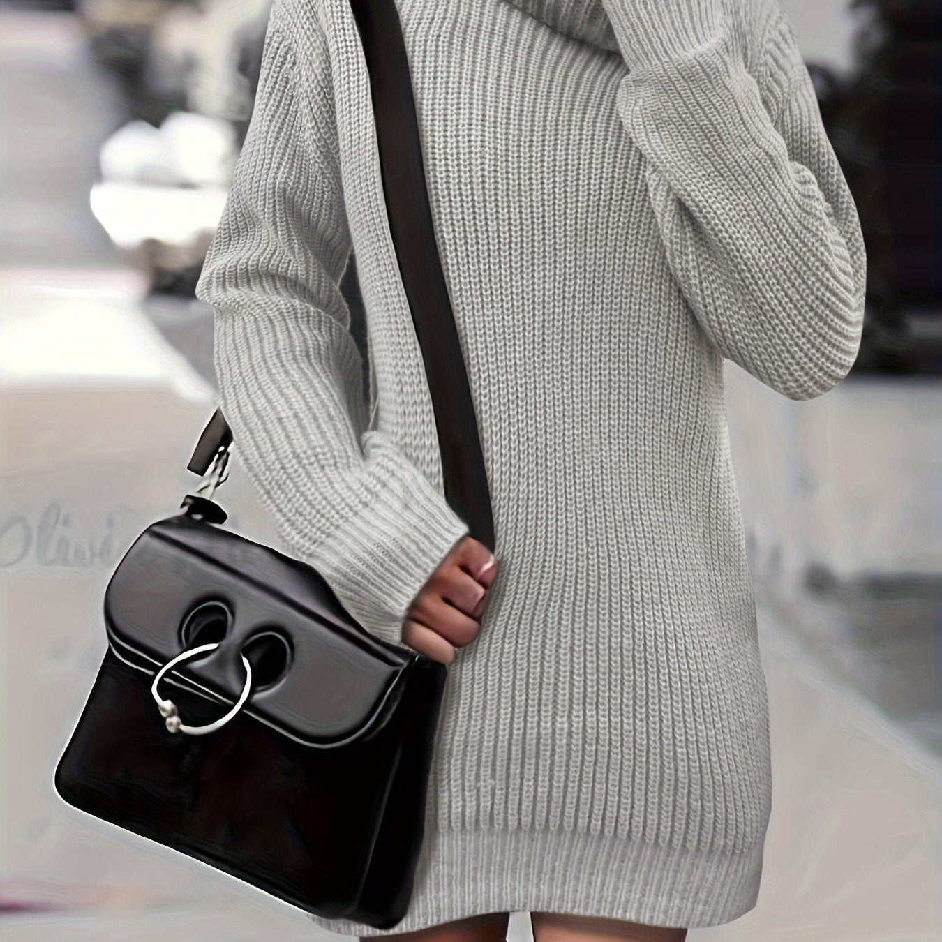 Solid Turtle Neck Baggy Knitted Dress, Casual Long Sleeve Dress For Fall & Winter, Women's Clothing