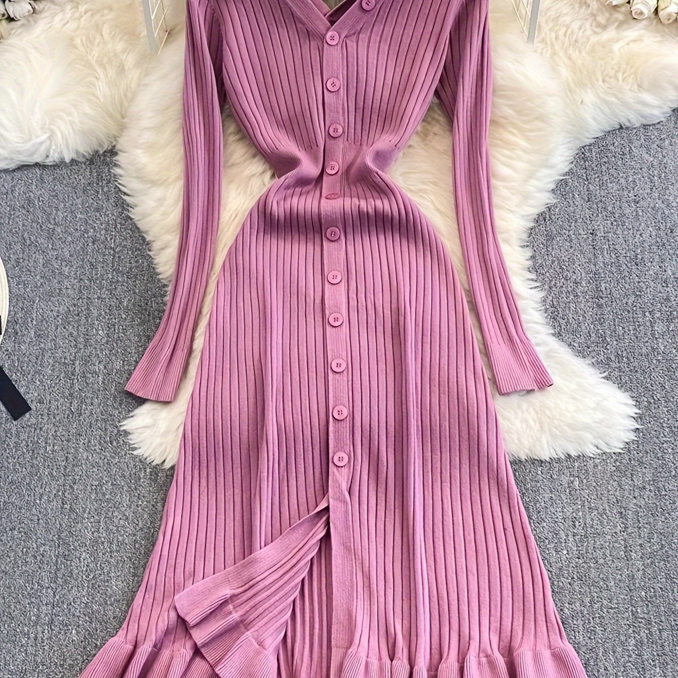 vlovelaw Button Front Ruffle Hem Dress, Chic Long Sleeve V Neck Ribbed Dress, Women's Clothing