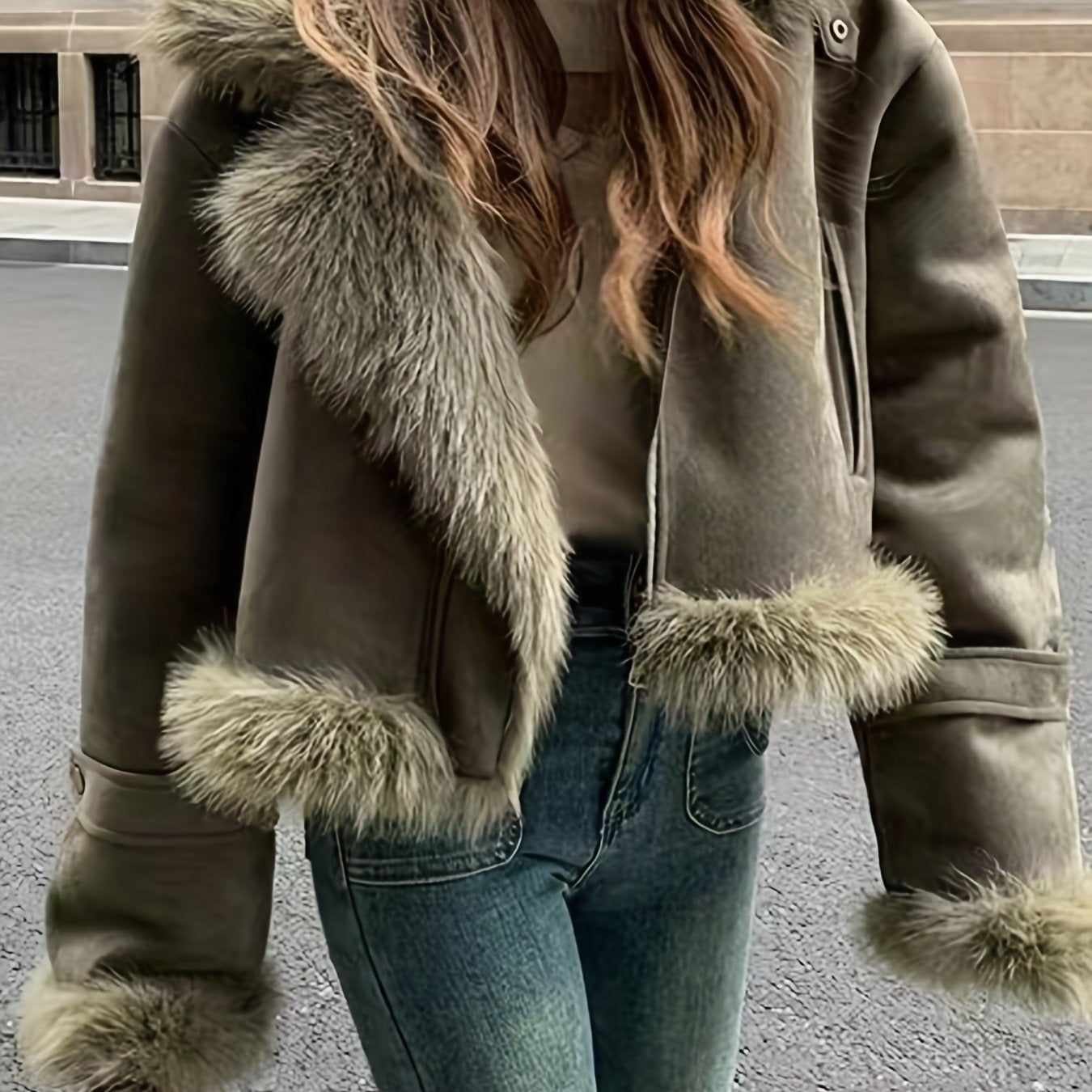 vlovelaw Faux Fur Trim Zip Up Jacket, Elegant Long Sleeve Warm Outerwear For Fall & Winter, Women's Clothing