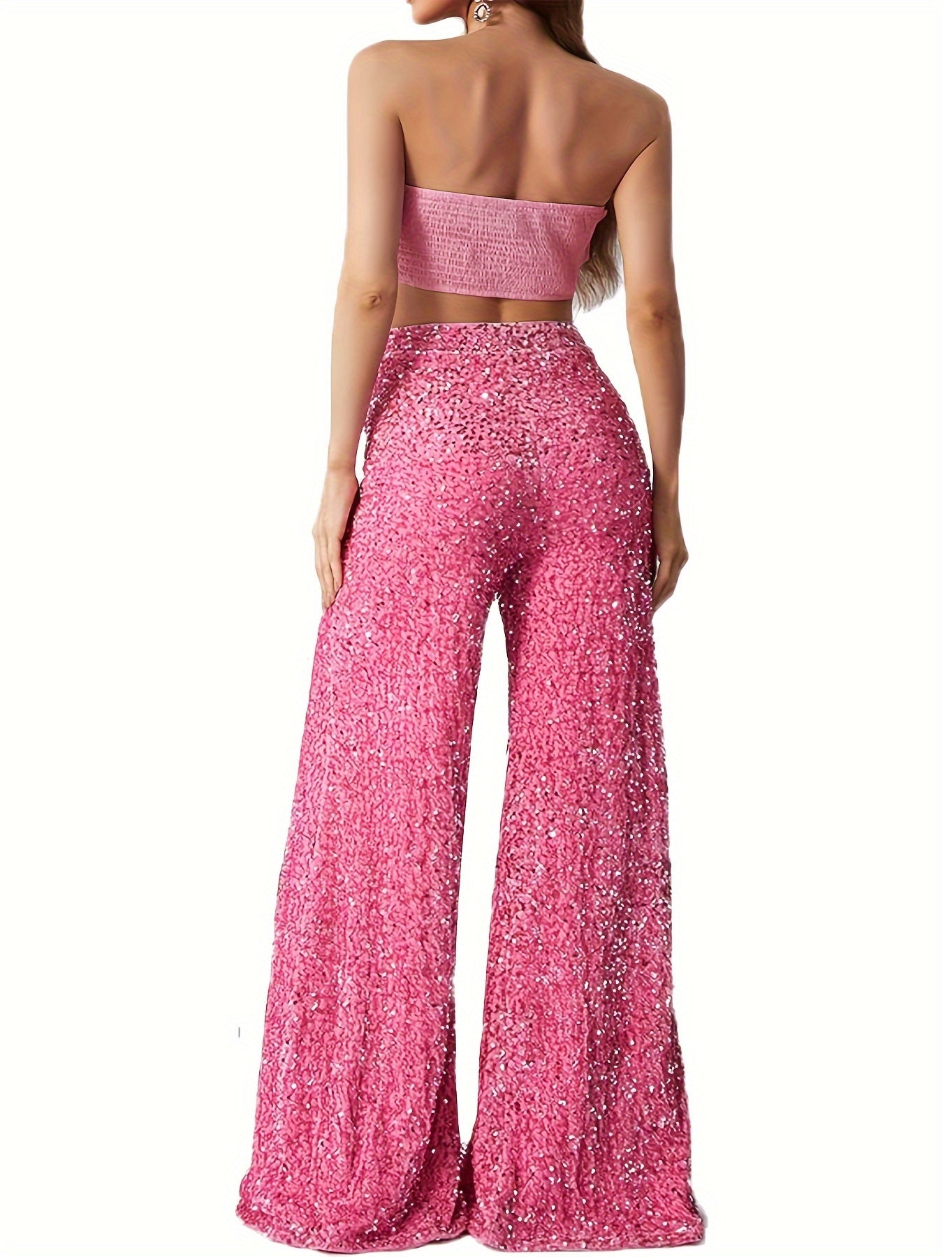 vlovelaw Casual Solid Two-piece Pants Set, Sleeveless 3D Flower Design Tube Top & High Waisted Sequin Flared Pants Outfits, Women's Clothing