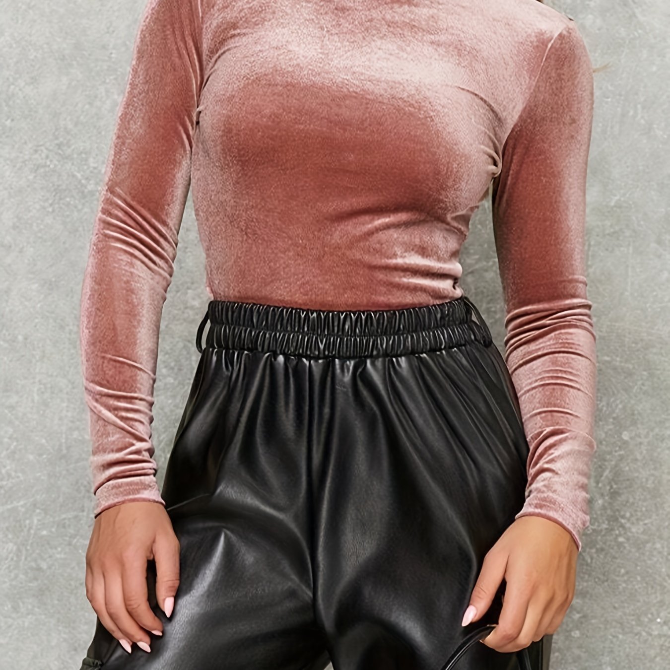 vlovelaw Solid Velvet Mock Neck T-Shirt, Casual Long Sleeve Slim Top For Spring & Fall, Women's Clothing