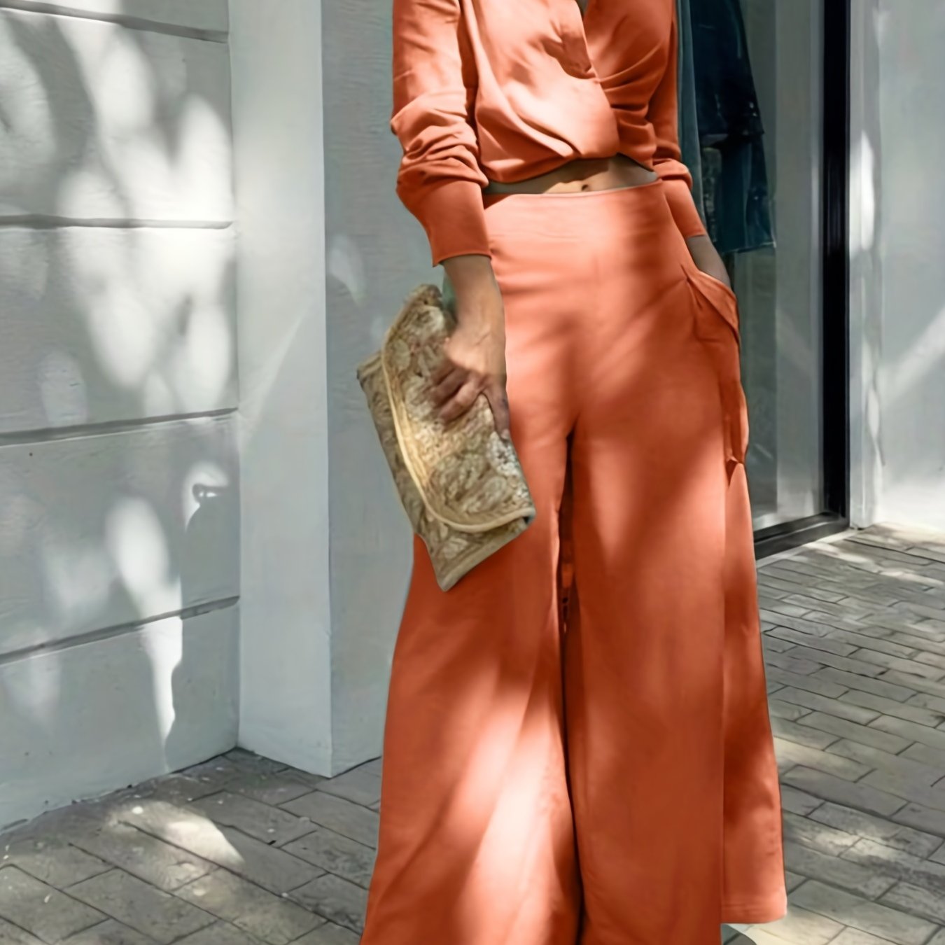 vlovelaw Casual Matching Two-piece Set, Long Sleeve Blouse & Wide Leg Pants Outfits, Women's Clothing