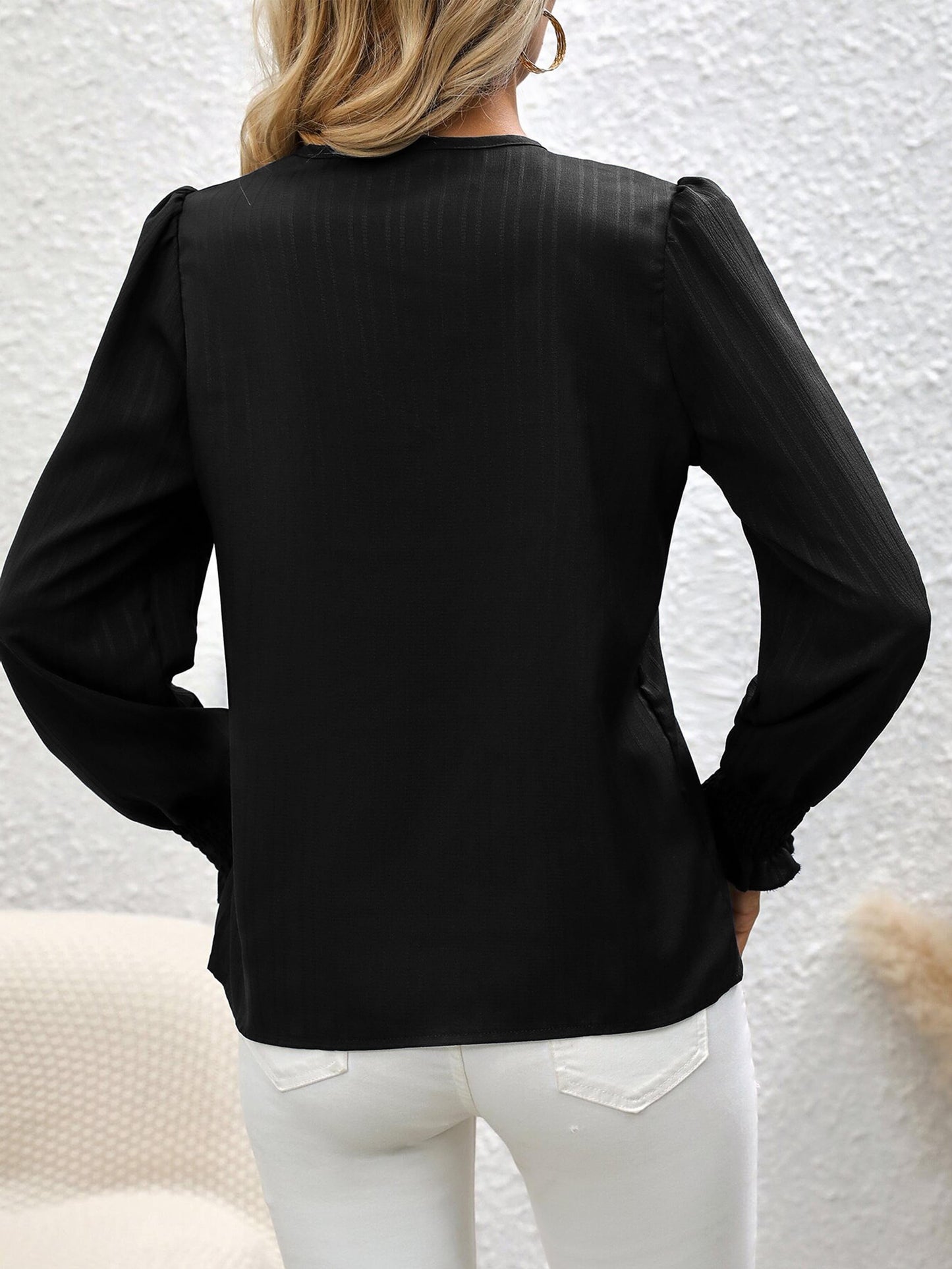 vlovelaw Stripe Textured V Neck Blouse, Casual Lettuce Cuff Long Sleeve Top For Spring & Fall, Women's Clothing