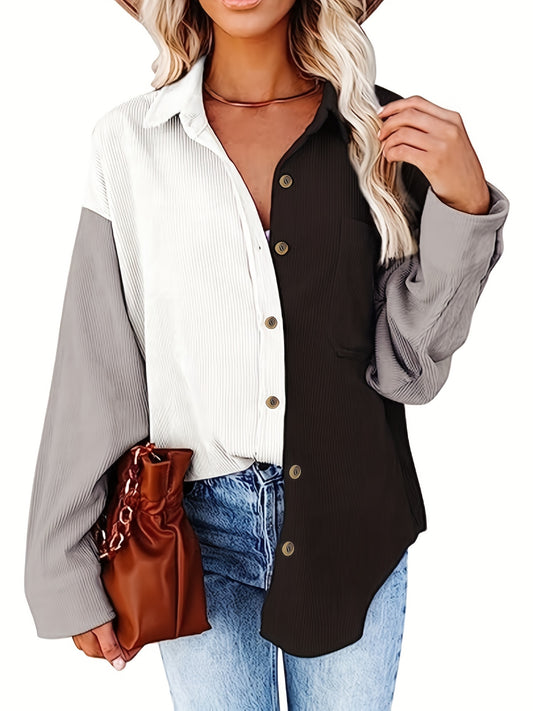 Color Block Drop Shoulder Shirt, Casual Button Front Long Sleeve Shirt, Women's Clothing