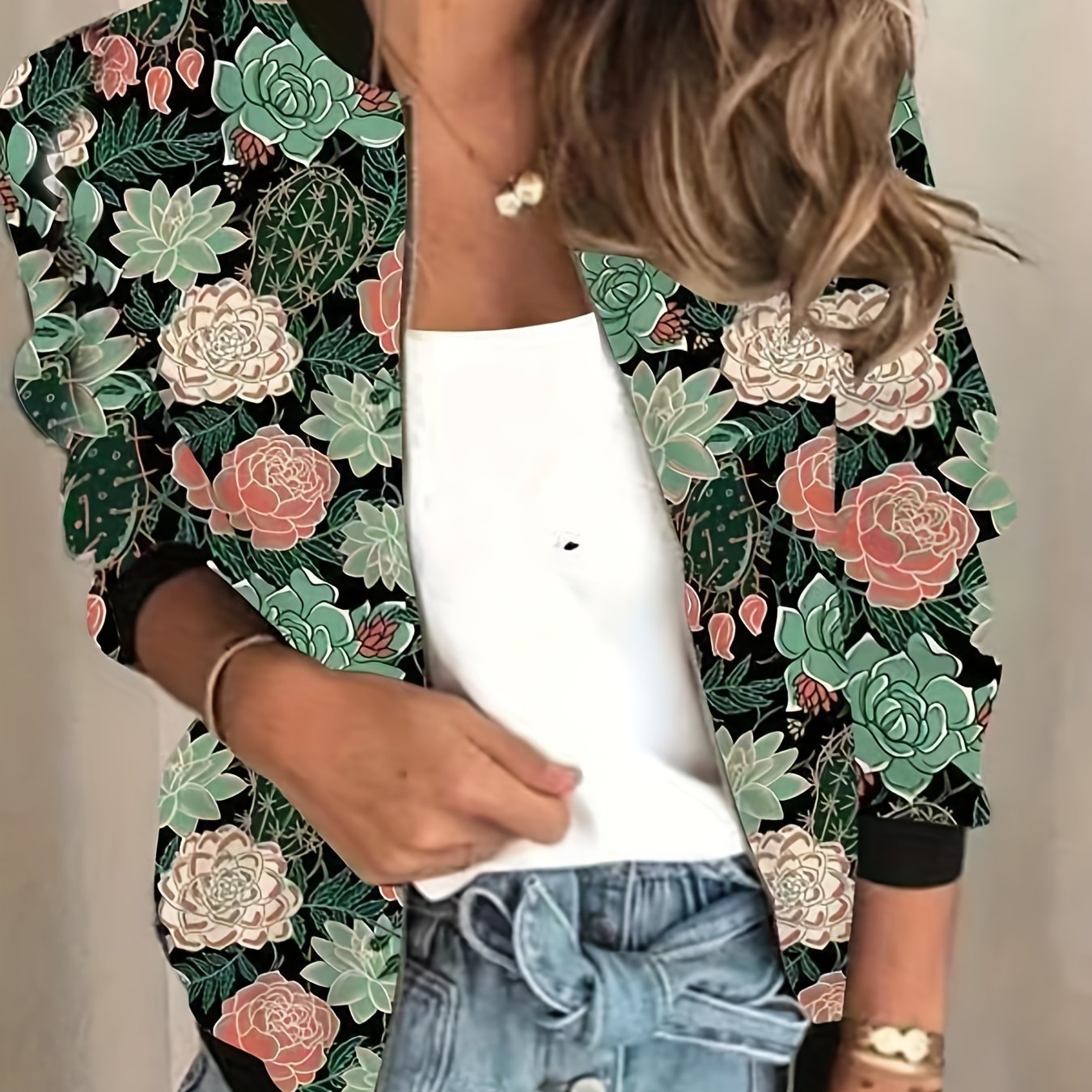 vlovelaw Graphic Print Zipper Jacket, Casual Baseball Neck Long Sleeve Outerwear, Women's Clothing