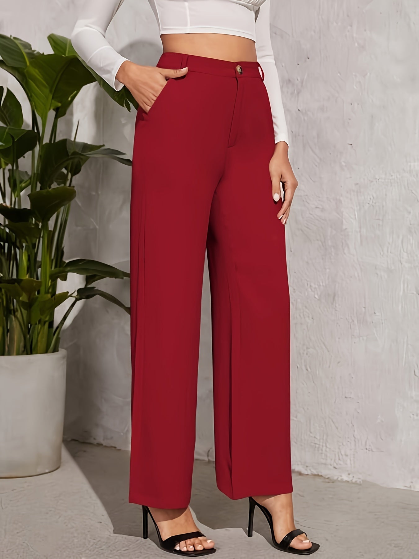 vlovelaw Solid High Waist Trousers, Straight Leg Dual Pockets Pants For Work & Office, Women's Clothing