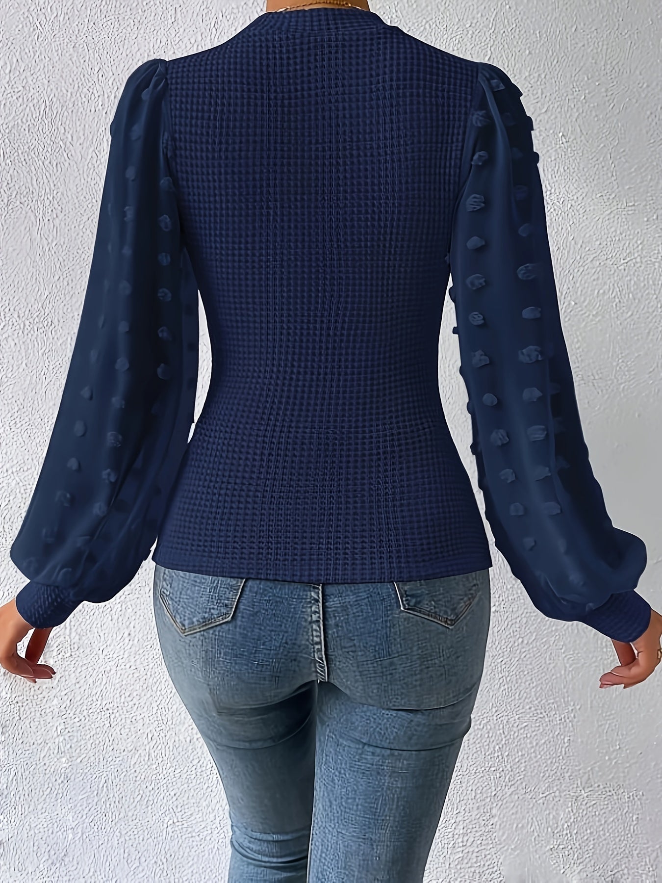 vlovelaw Textured Lantern Sleeve Top, Elegant Mock Neck Top For Spring & Fall, Women's Clothing